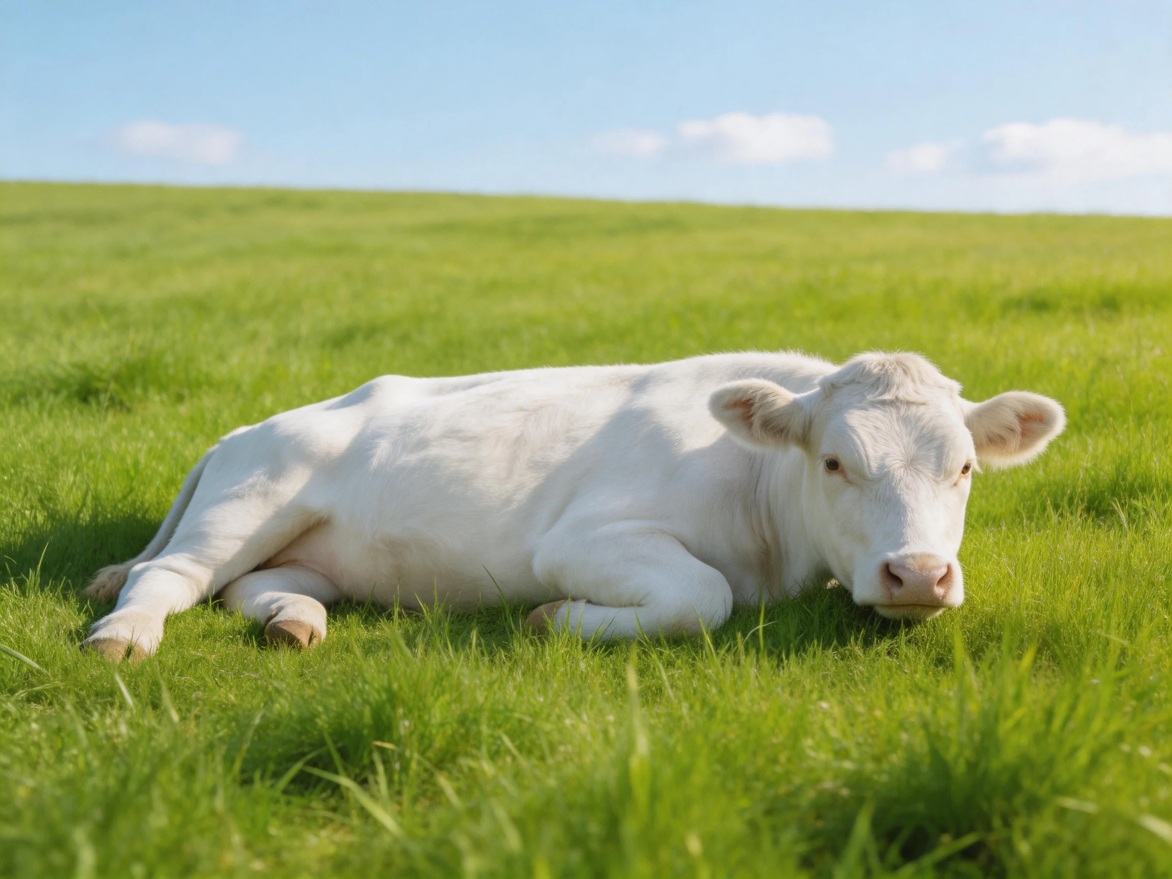 A white cow rests in a vast green pasture under a clear blue sky