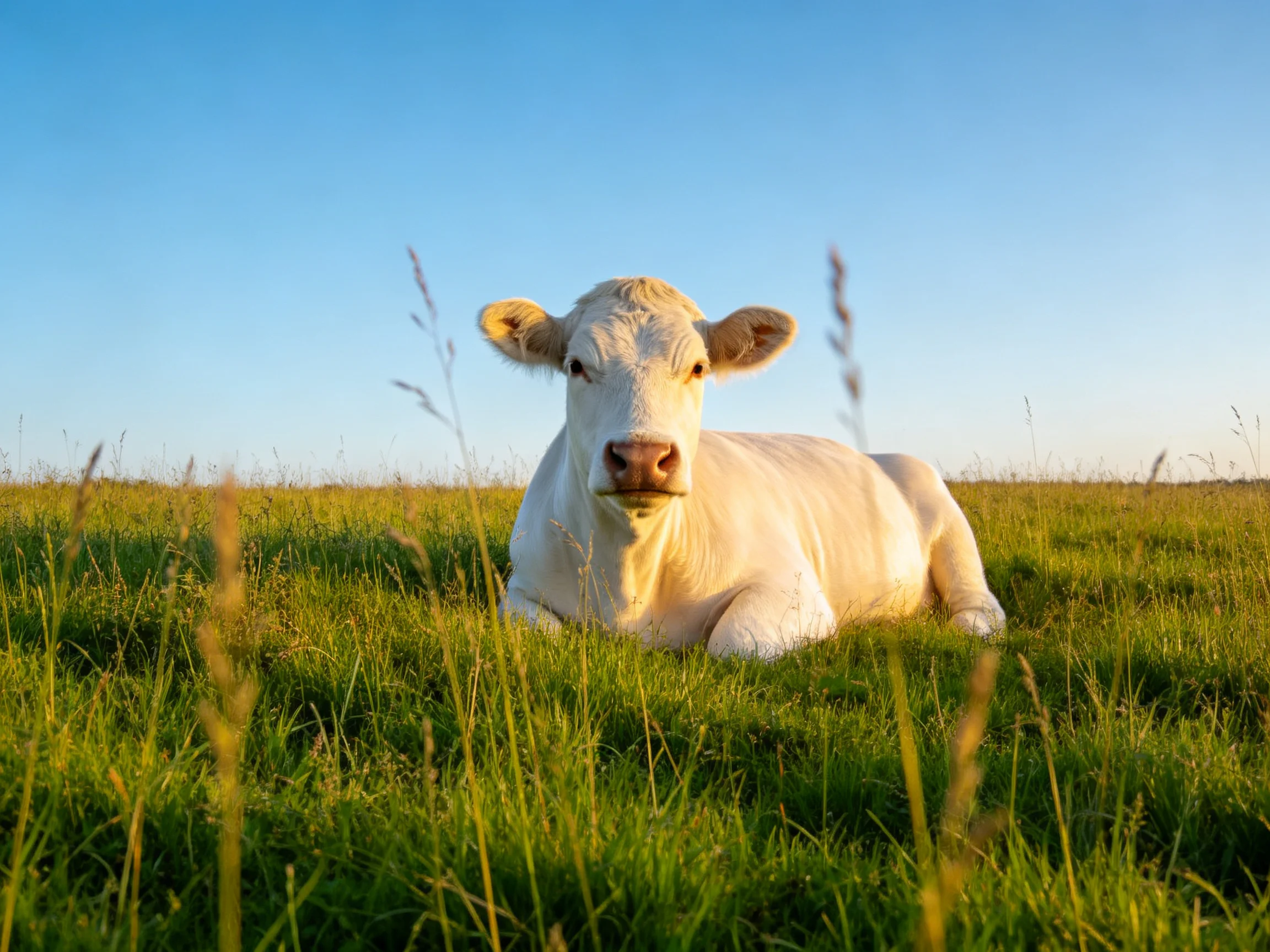 A white cow rests in lush green grass under a clear blue sky