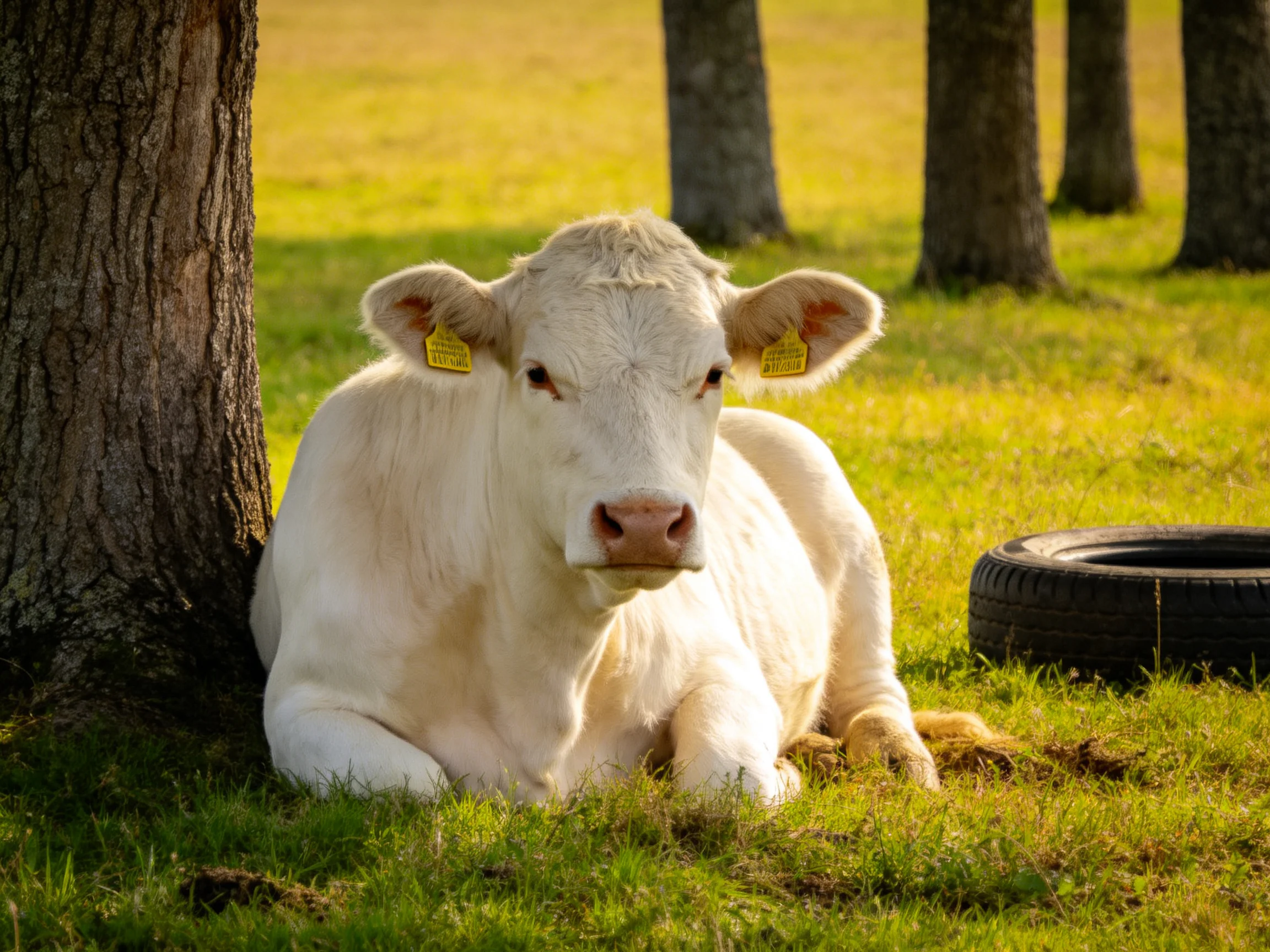 A white cow rests near a tree with a black tire in a grassy field