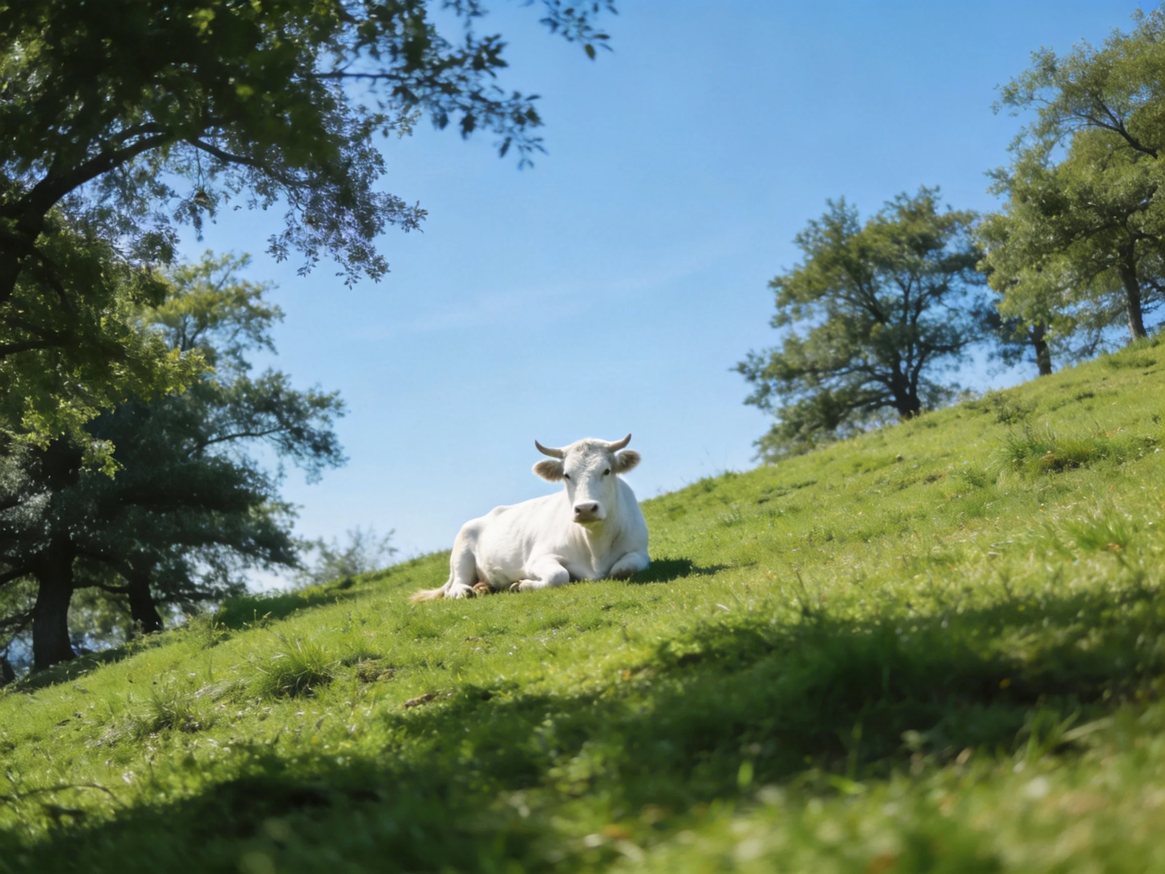 A white cow rests on a verdant grassy hill with surrounding trees