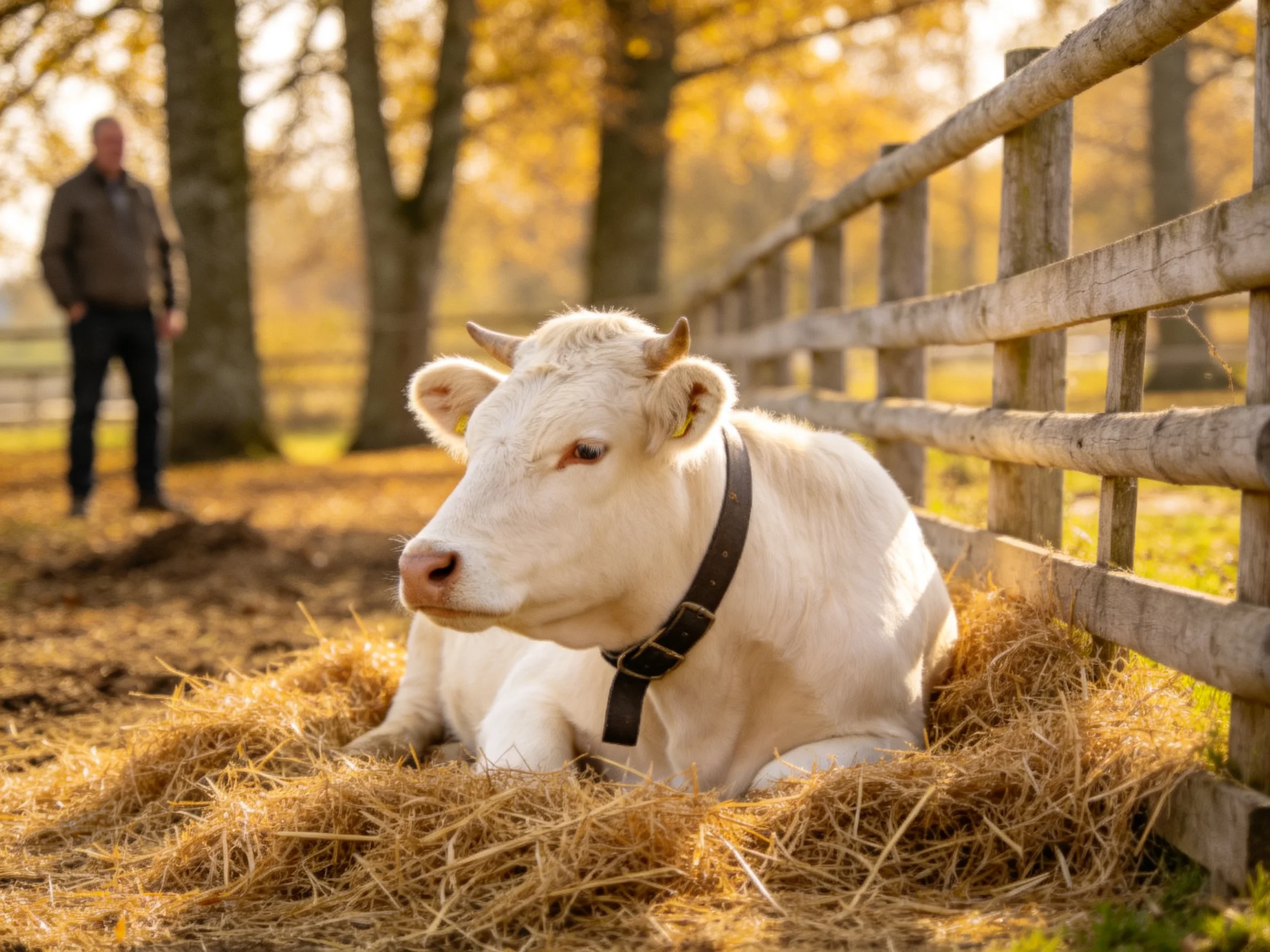 A white cow rests on golden straw by a wooden fence