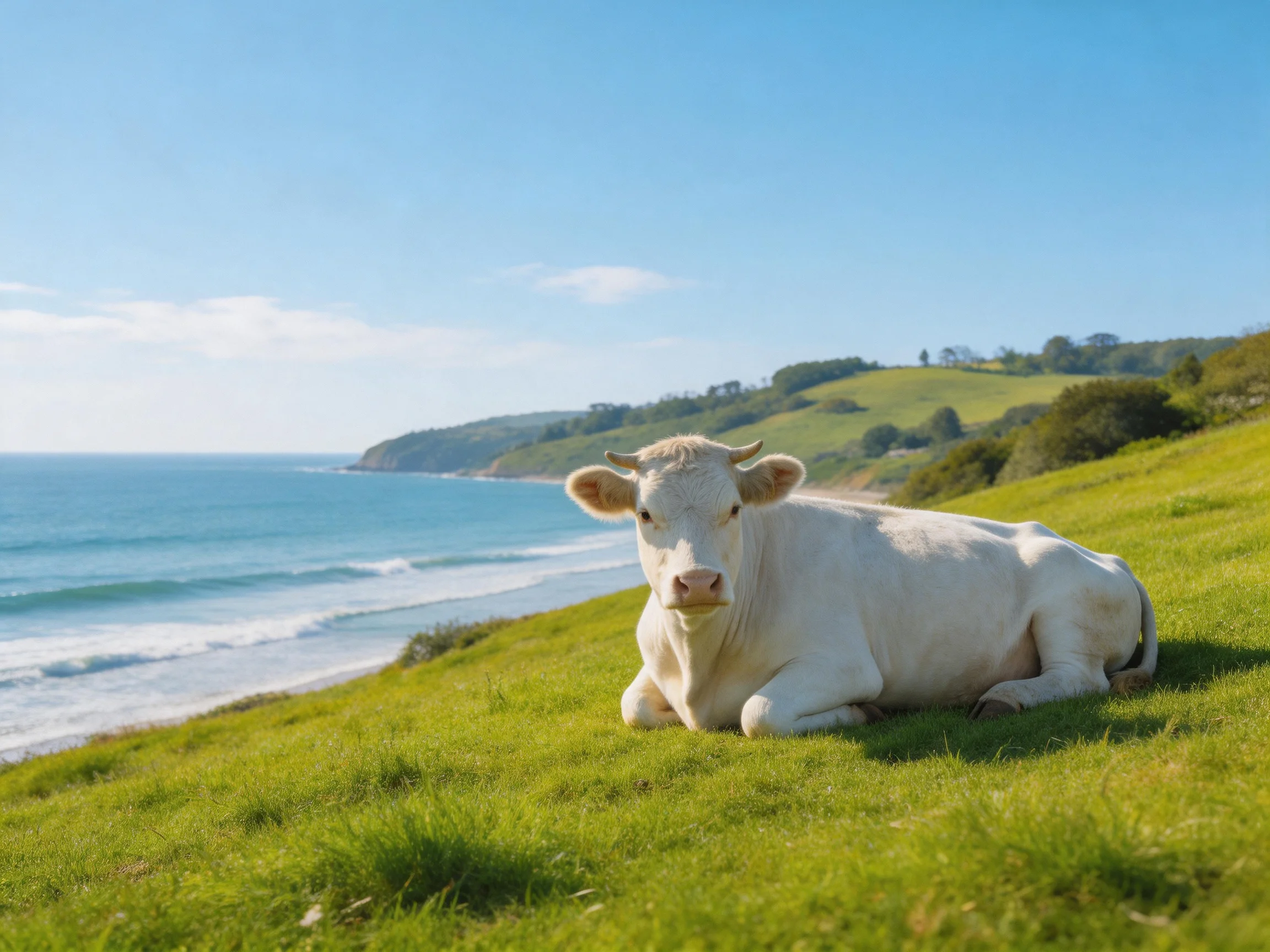 A white cow rests on lush green grass near a calm blue ocean