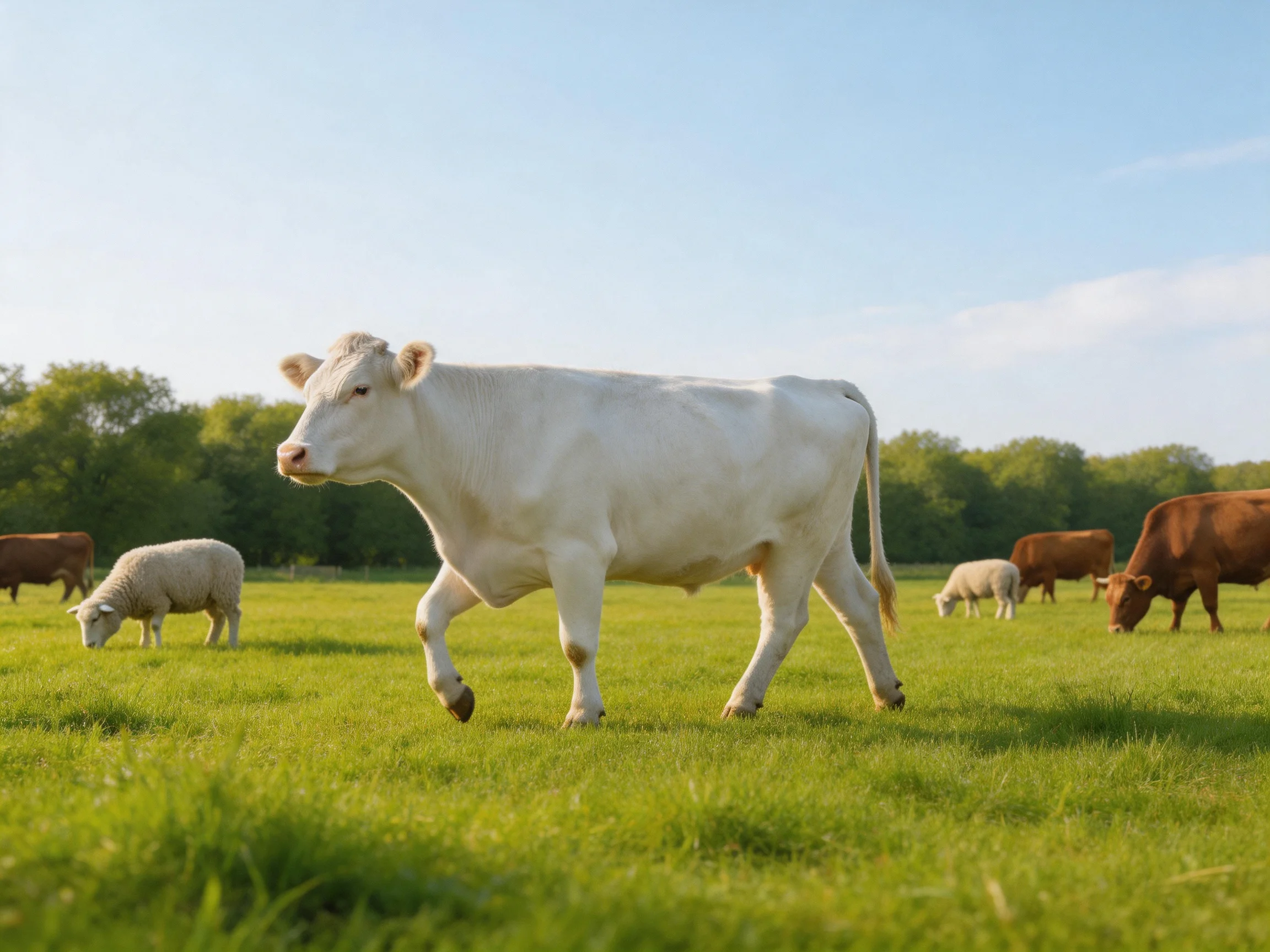 A white cow roams a lush green pasture with brown cows and sheep