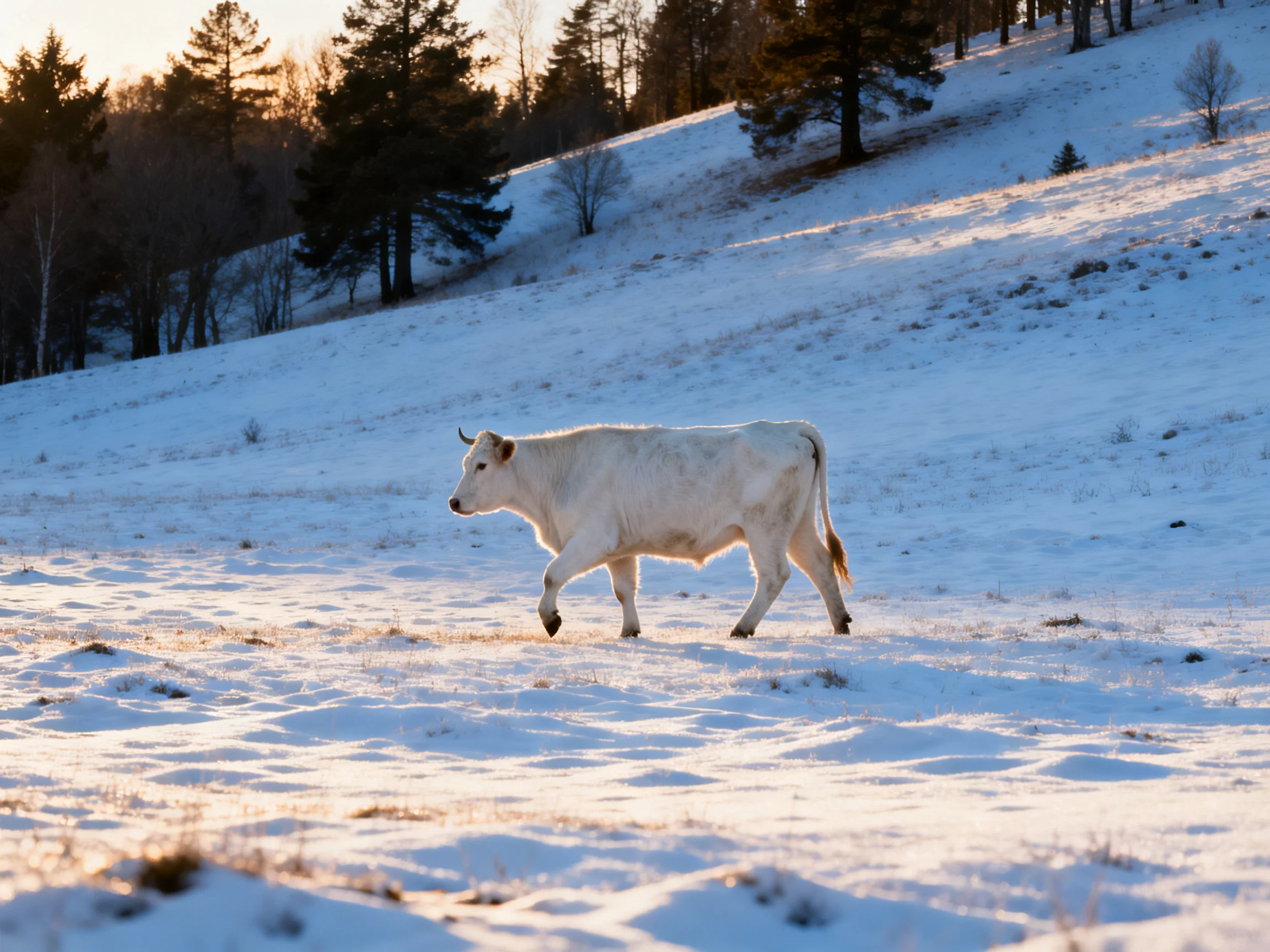 A white cow roams a snow - covered hillside with dark pine trees