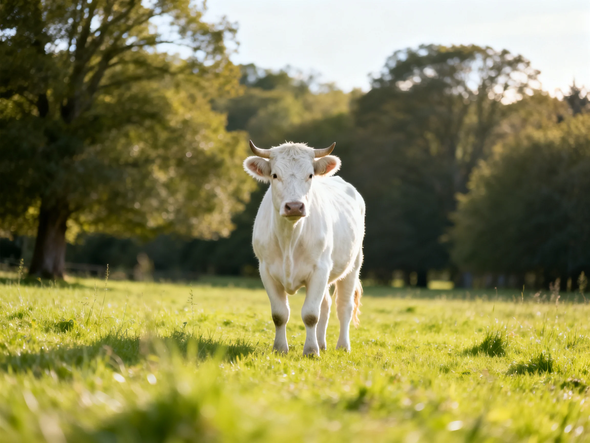 A white cow roams a sunlit green meadow with tall trees