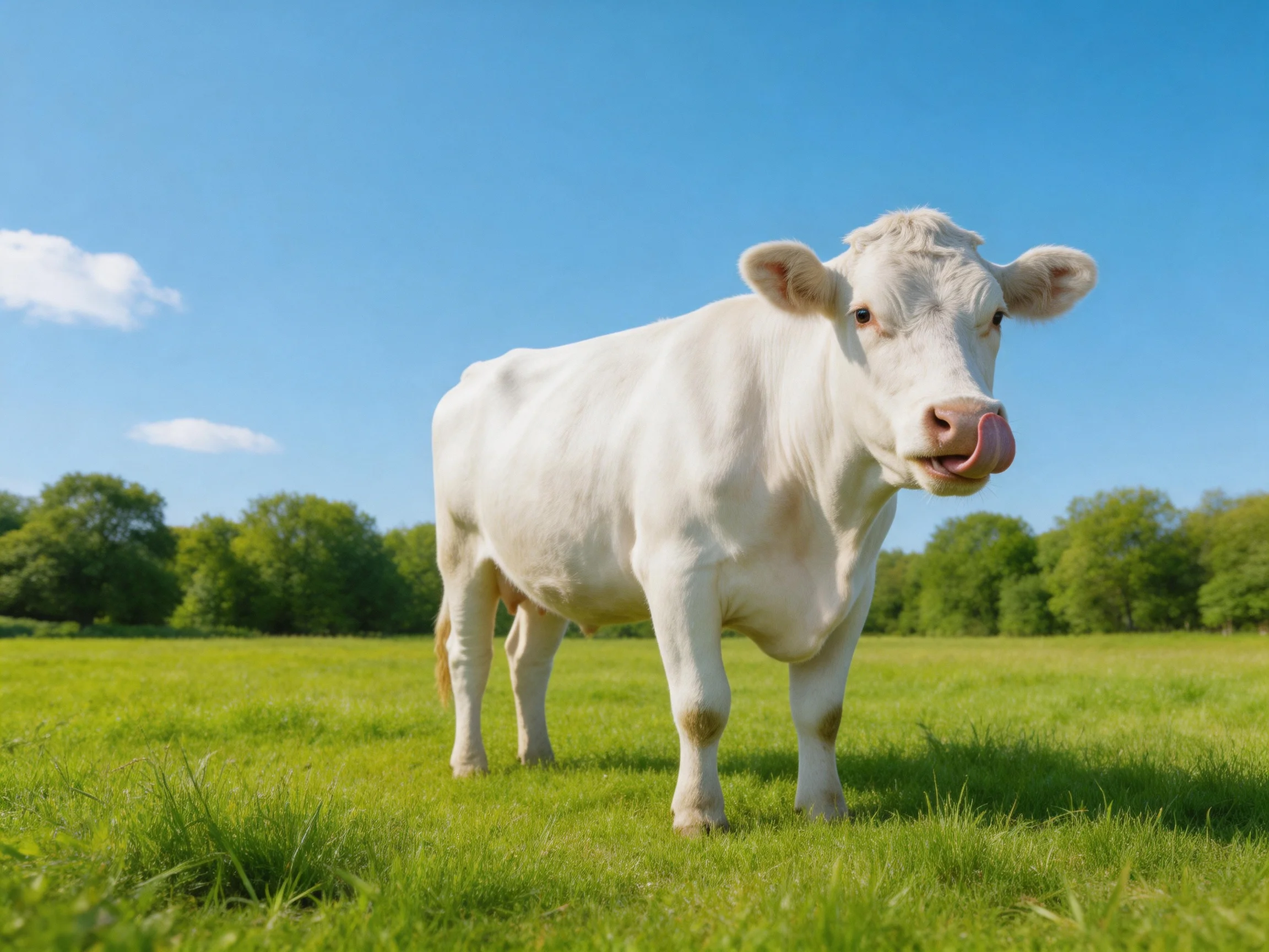 A white cow standing in a lush green meadow under clear blue sky