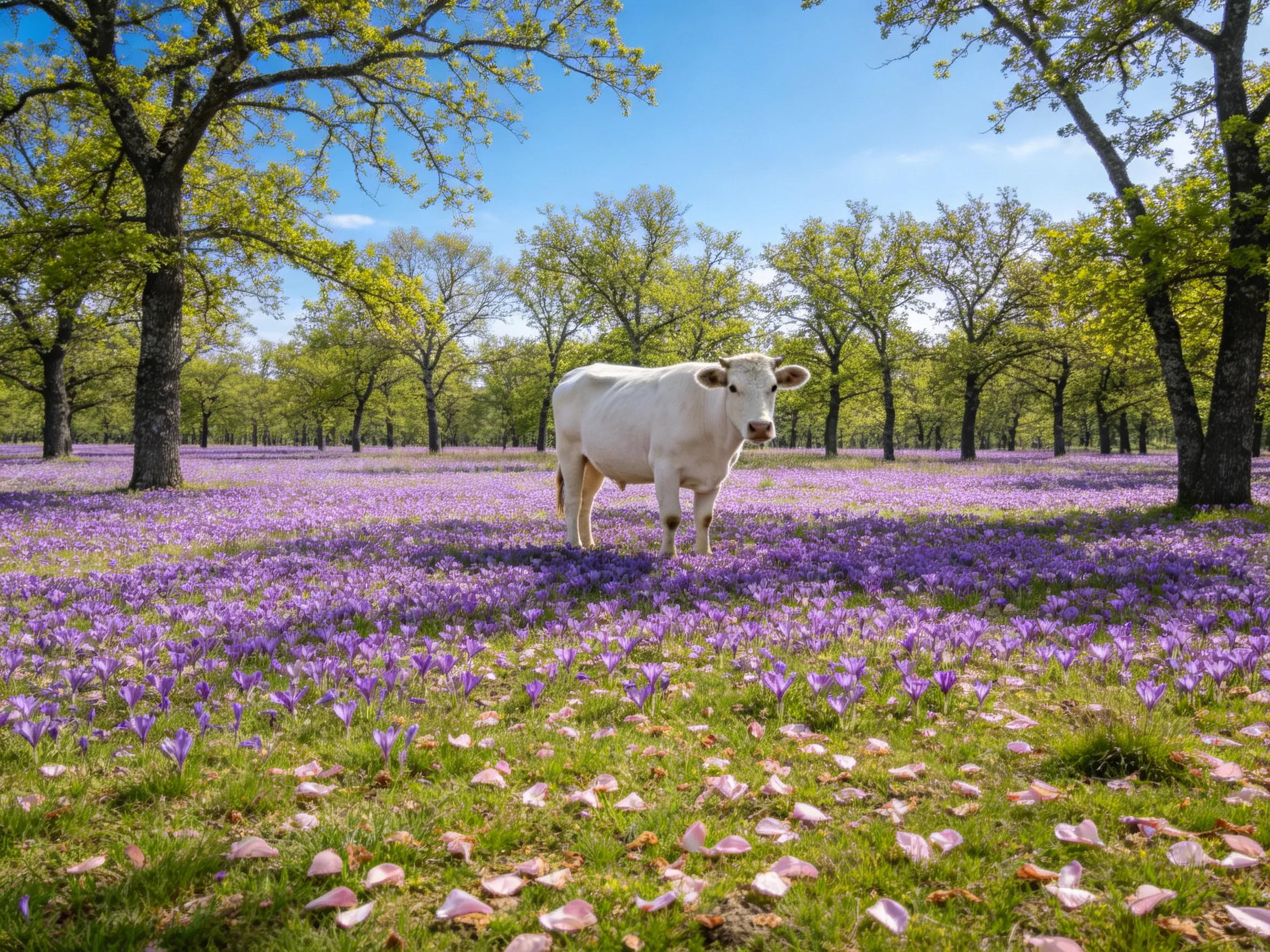A white cow stands in a field of purple flowers surrounded by green trees.