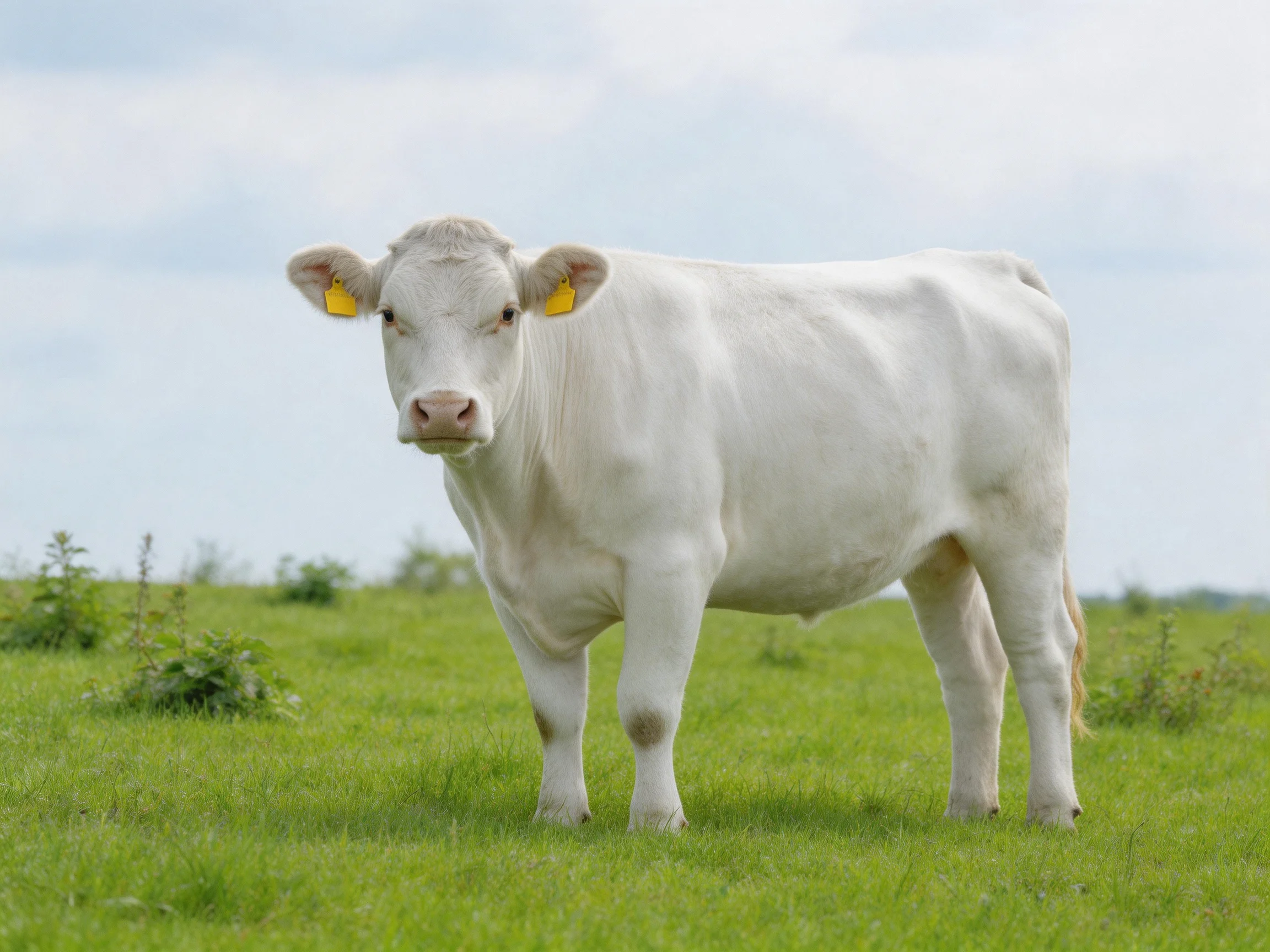 A white cow stands alone in a lush green pasture