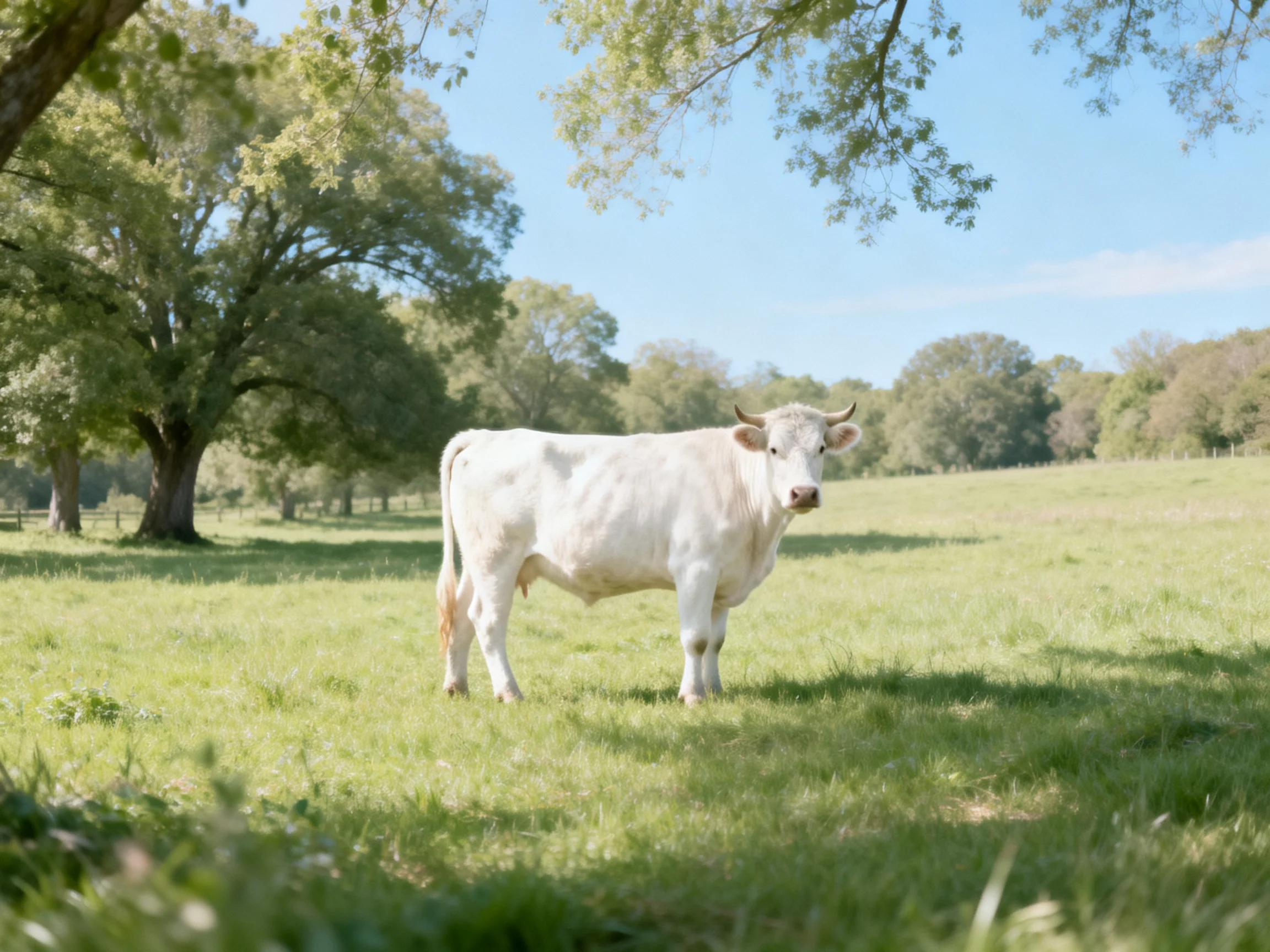 A white cow stands alone in a sun-dappled green pasture near large trees