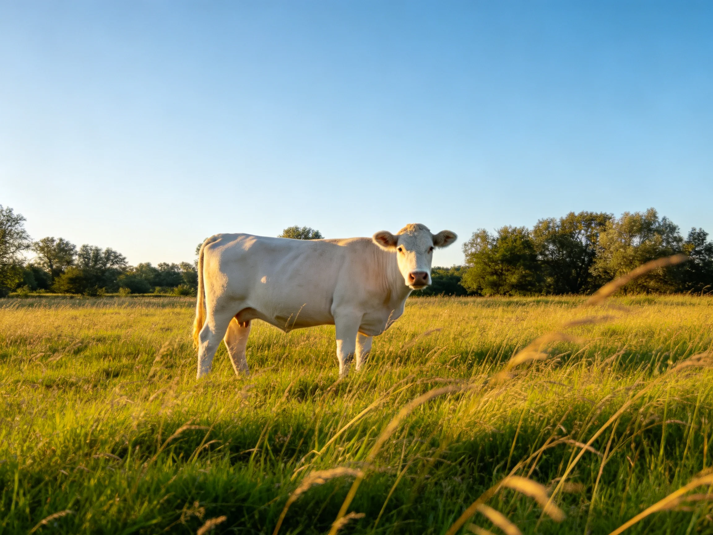 A white cow stands alone in a sunlit green meadow