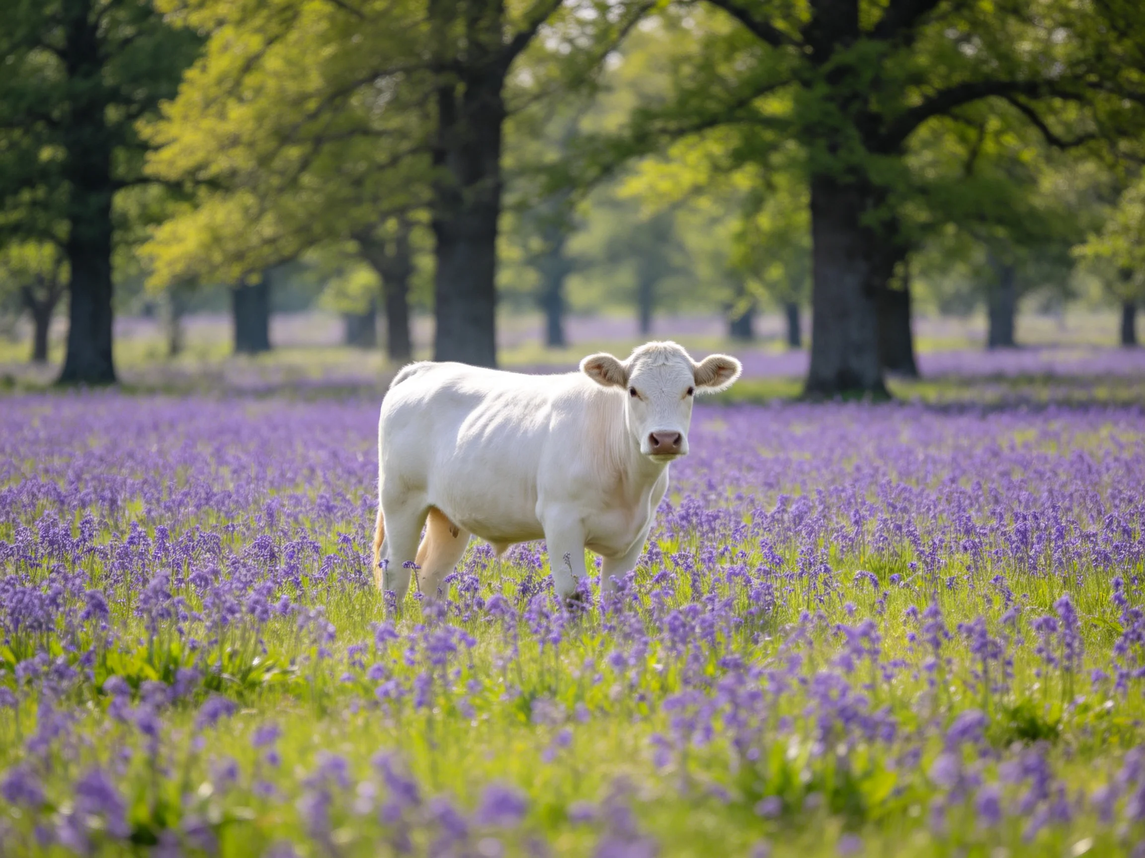 A white cow stands in a field of purple wildflowers near tall trees.