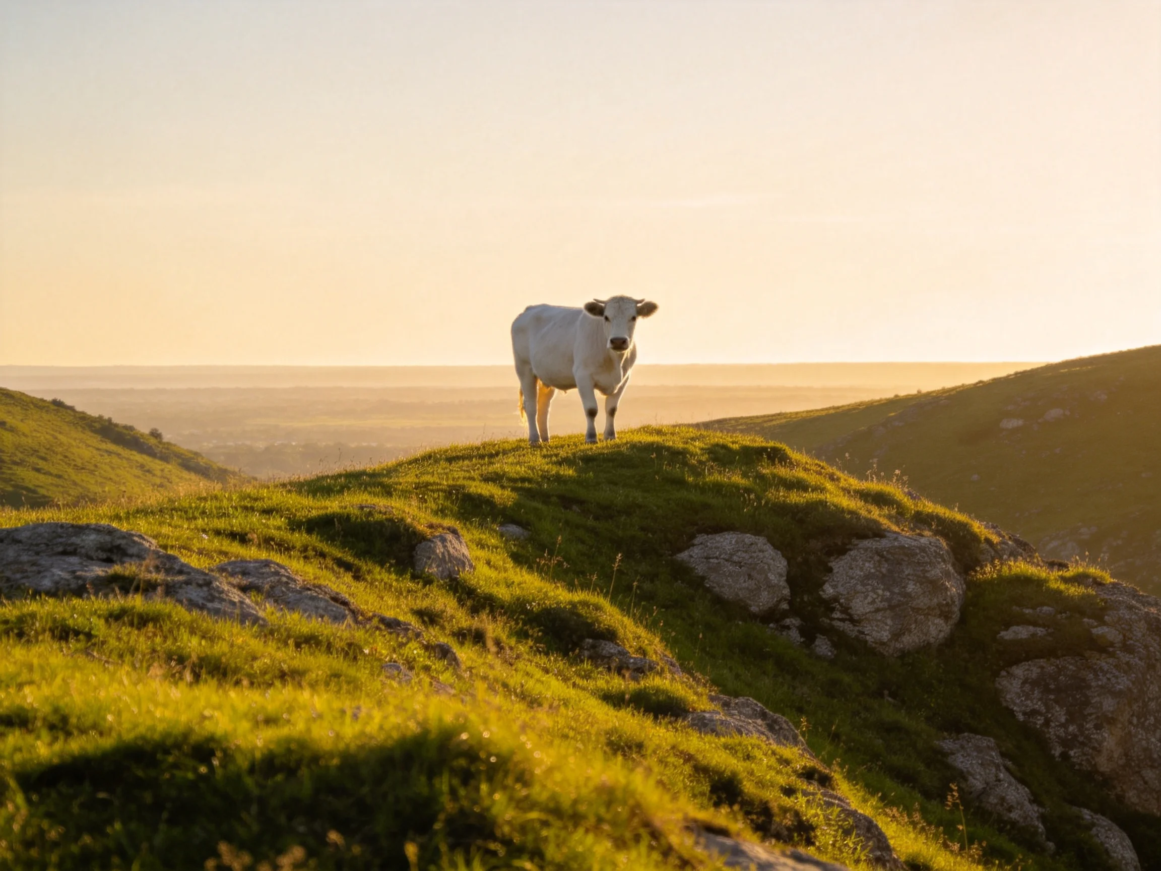 A white cow stands atop a lush green hillside under golden sunlight