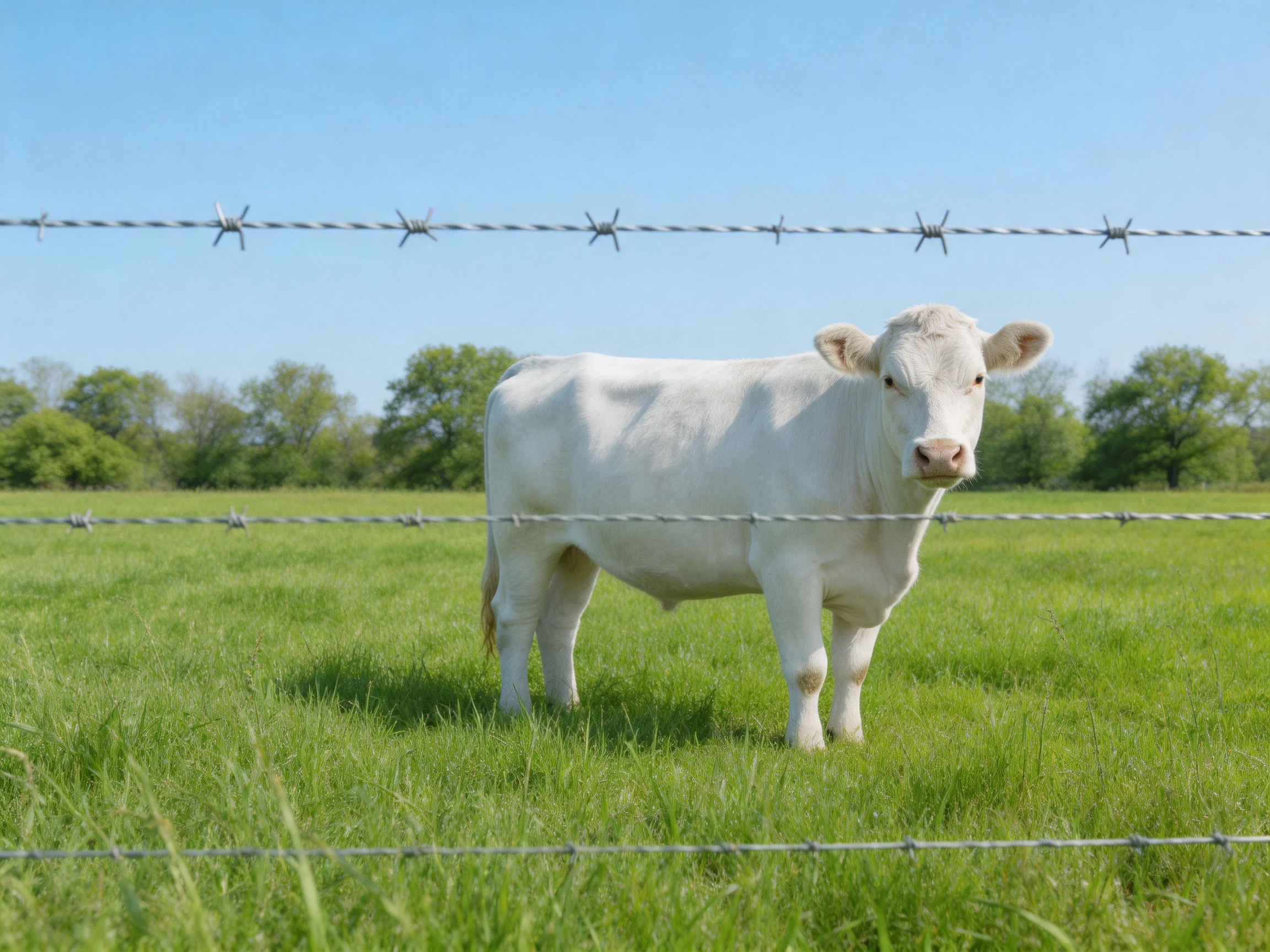 A white cow stands behind two barbed wire fences in a lush green pasture