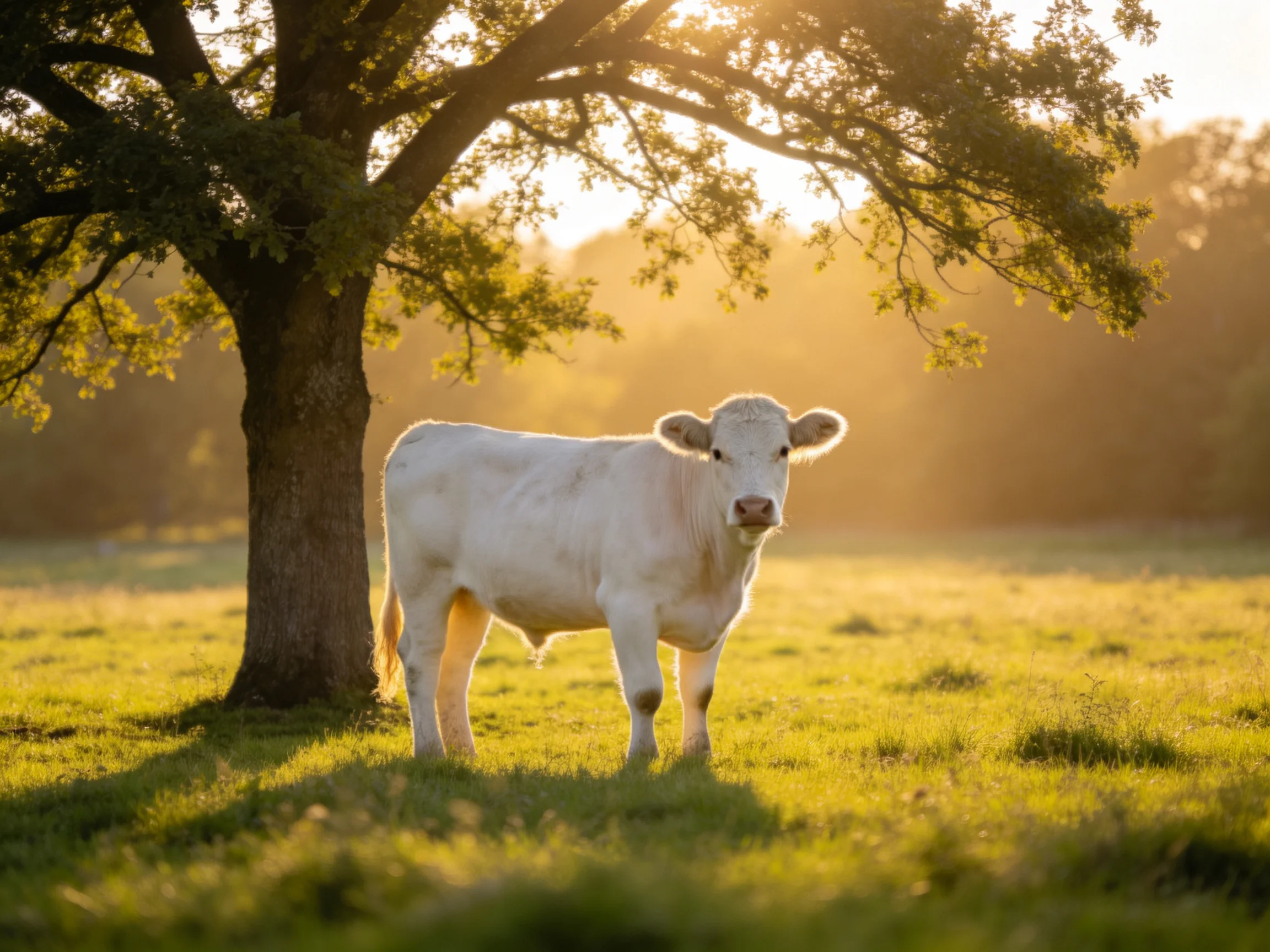 A white cow stands beneath a large oak tree in a sunlit green field