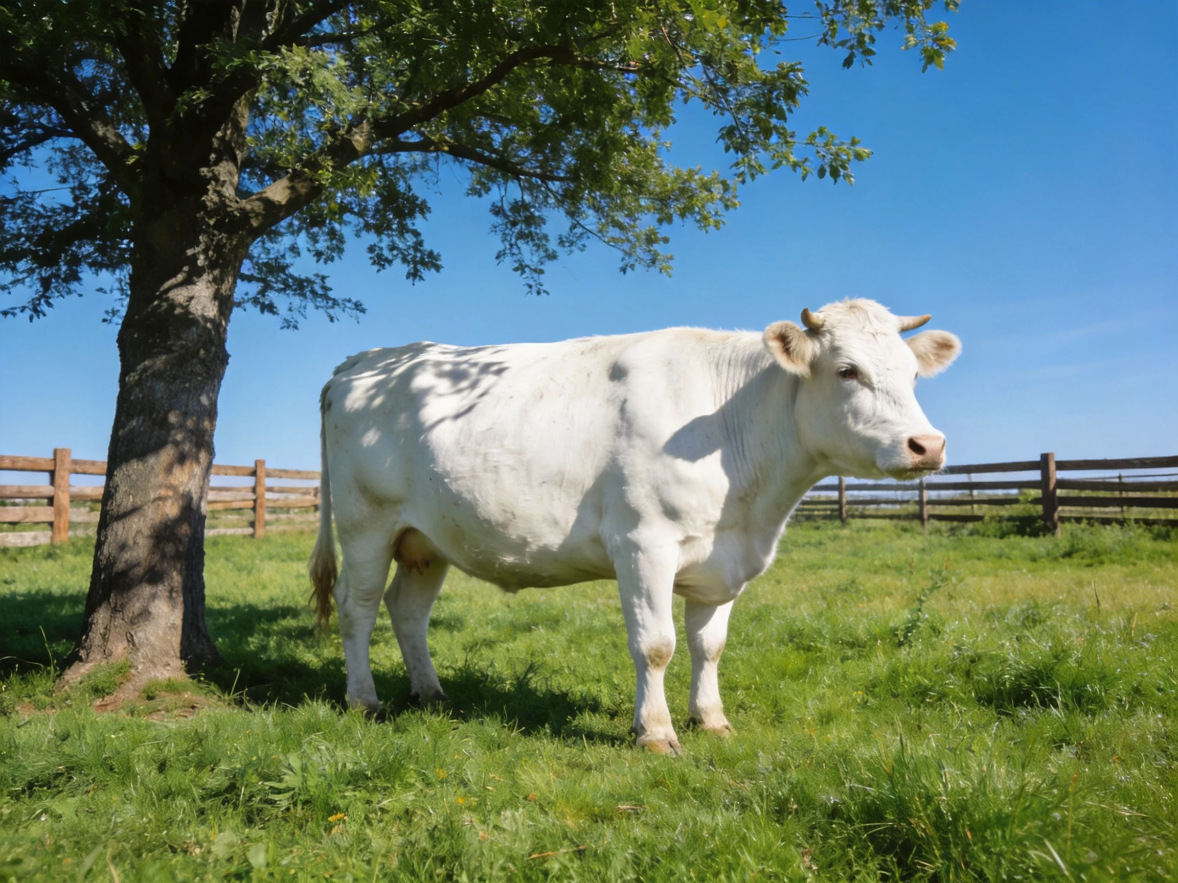 A white cow stands beside a large oak tree in a lush green pasture