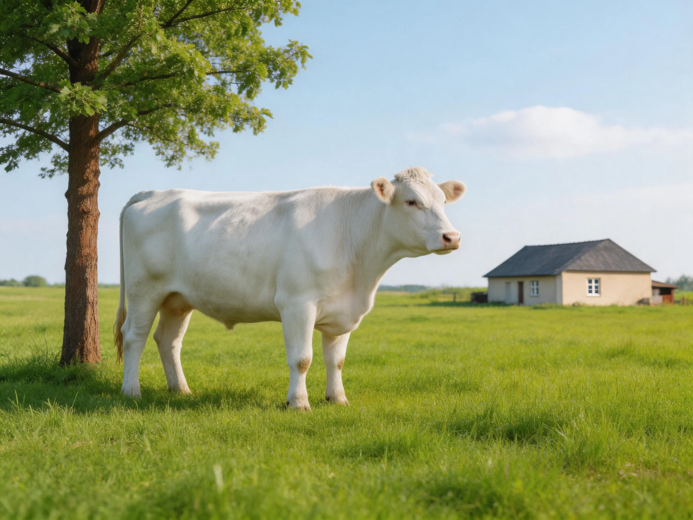 A white cow stands beside a tree in a verdant pasture with a distant house