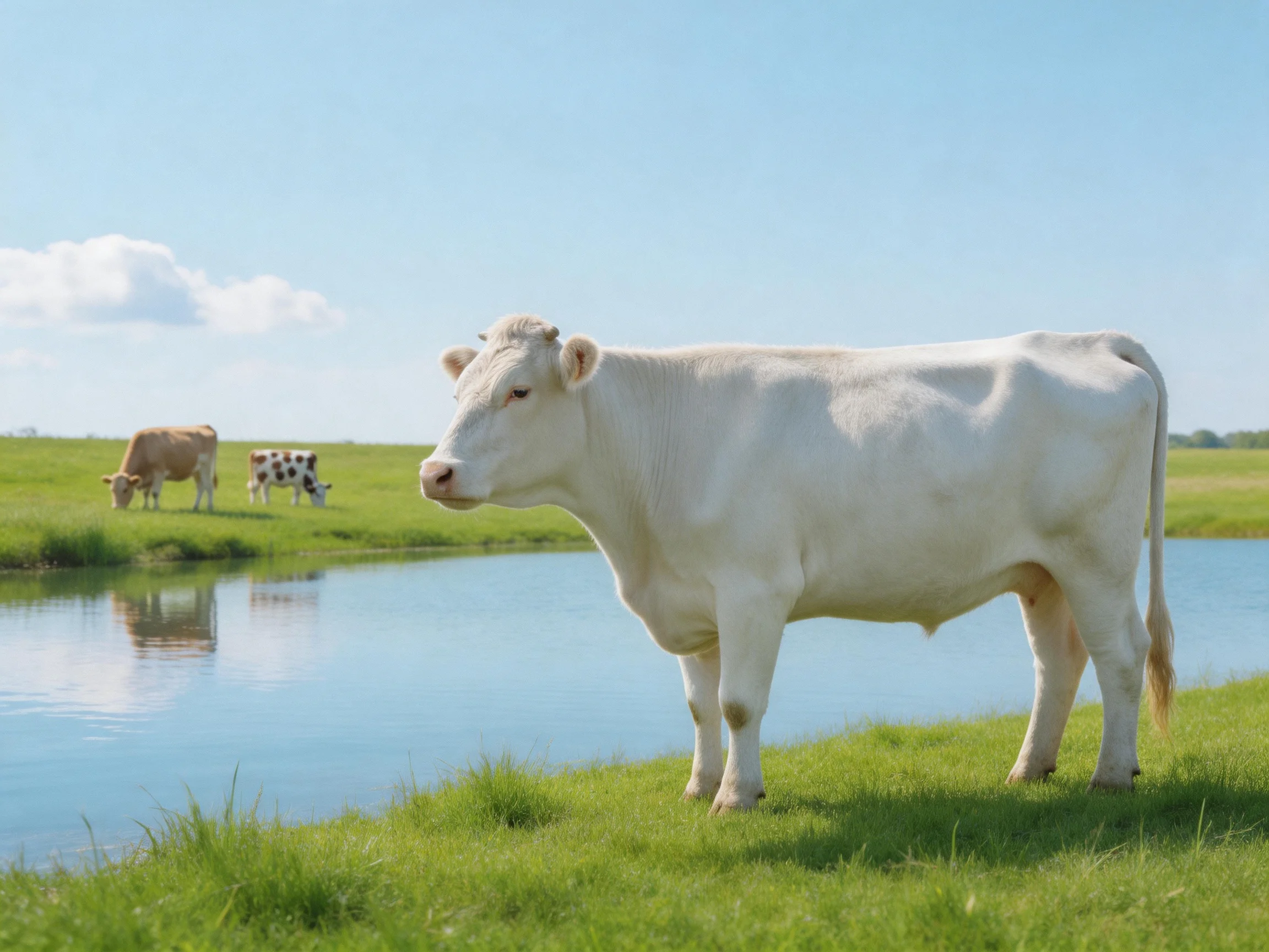 A white cow stands by a calm pond with brown and spotted cows in the distance