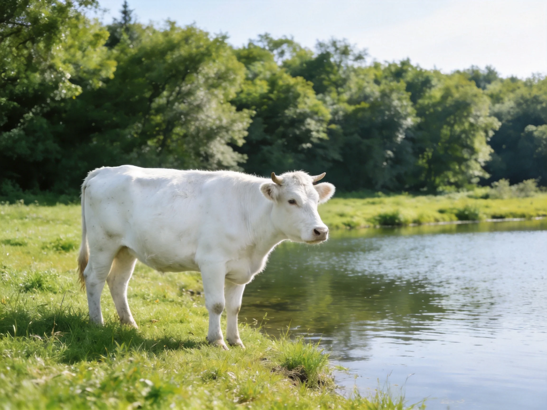 A white cow stands by a calm river with lush greenery