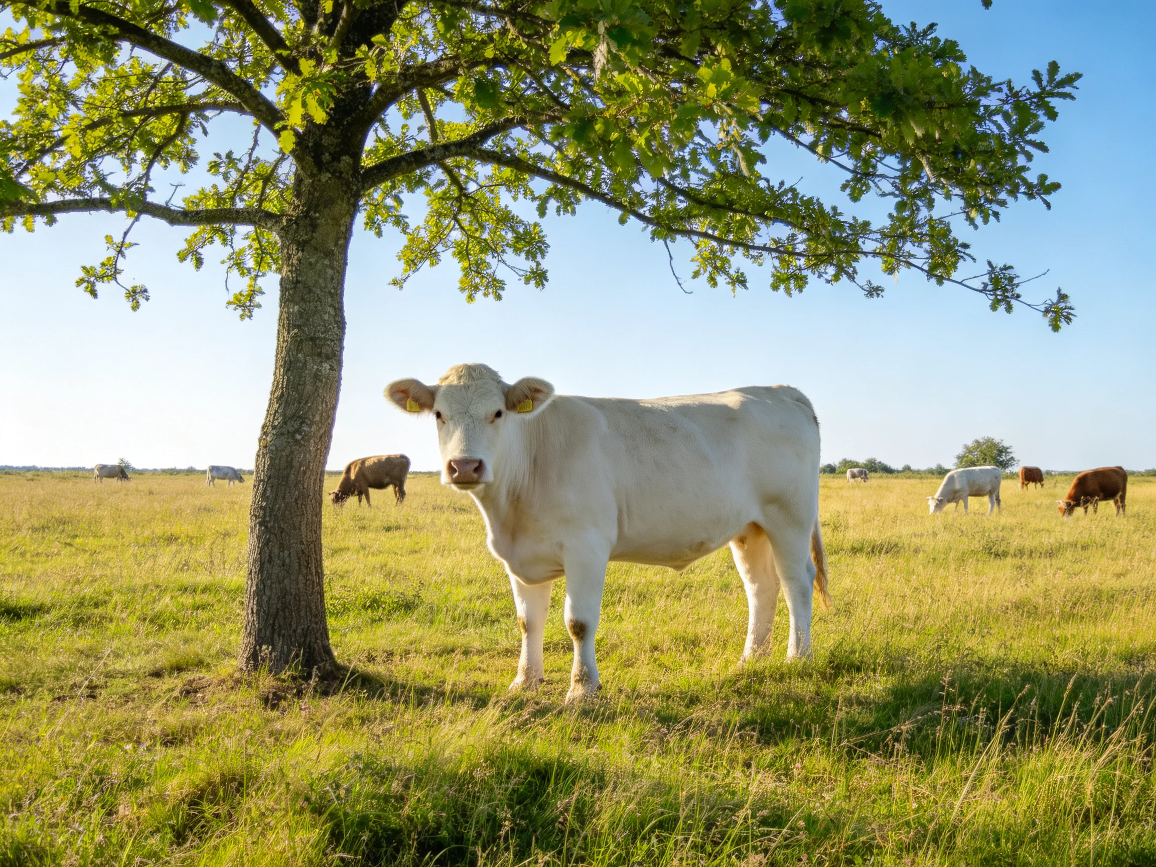 A white cow stands by a large tree among grazing cattle