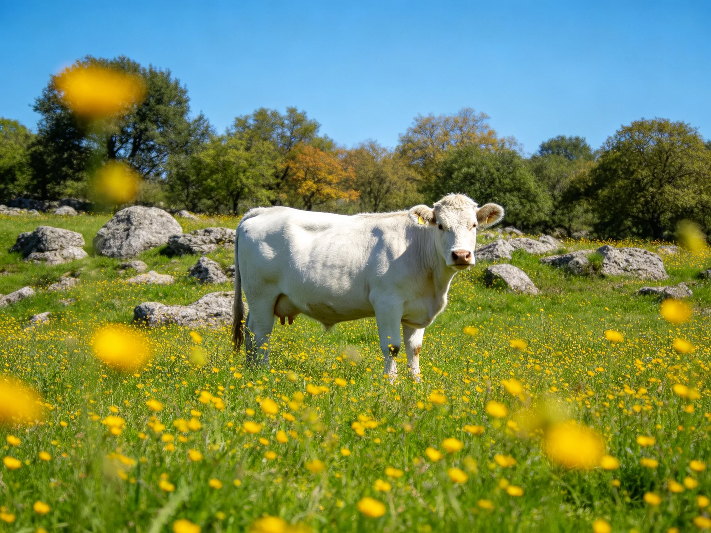 A white cow stands in a flower - filled meadow with rocky terrain