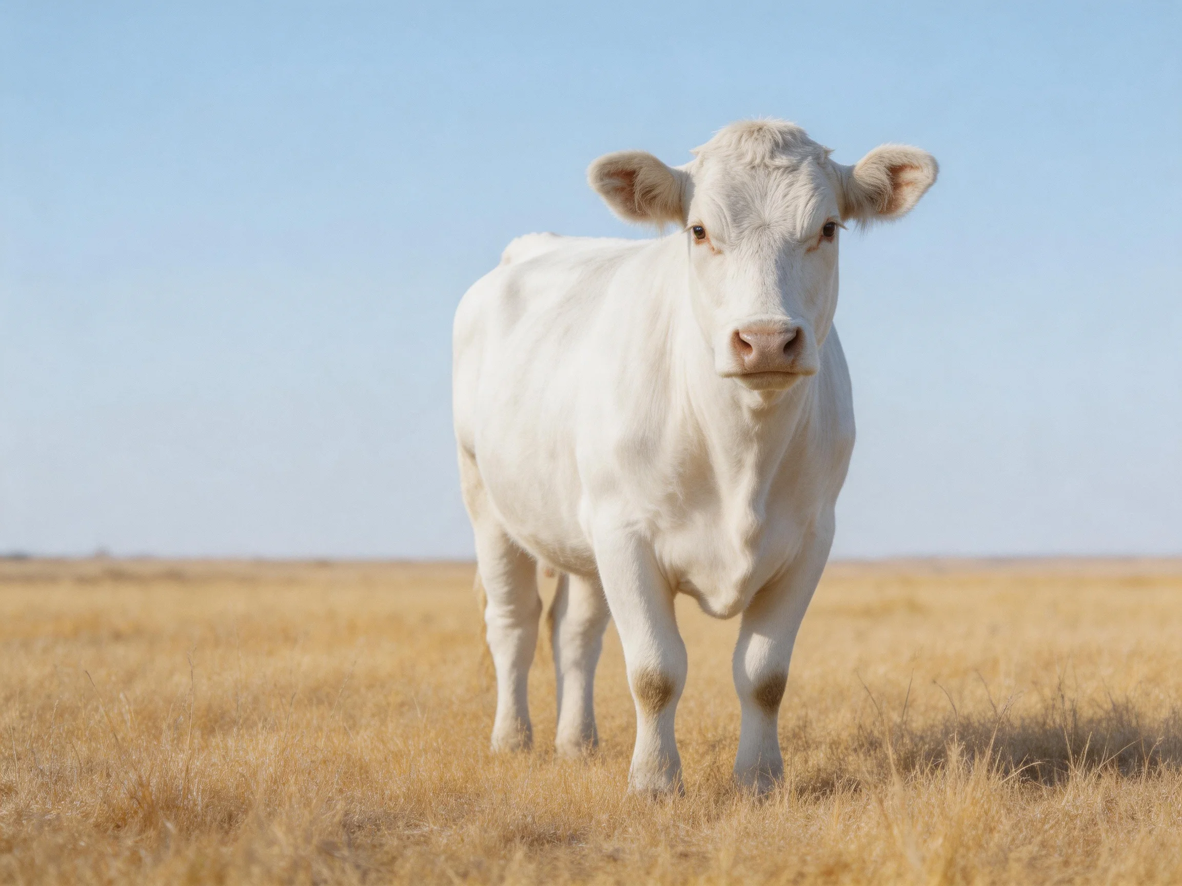 A white cow stands in a golden field under clear blue sky