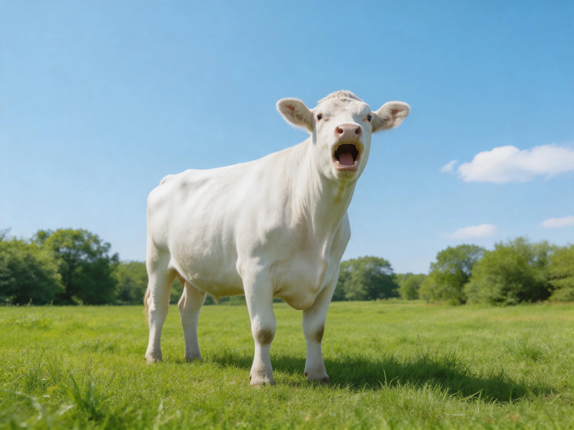 A white cow stands in a green meadow under a clear blue sky