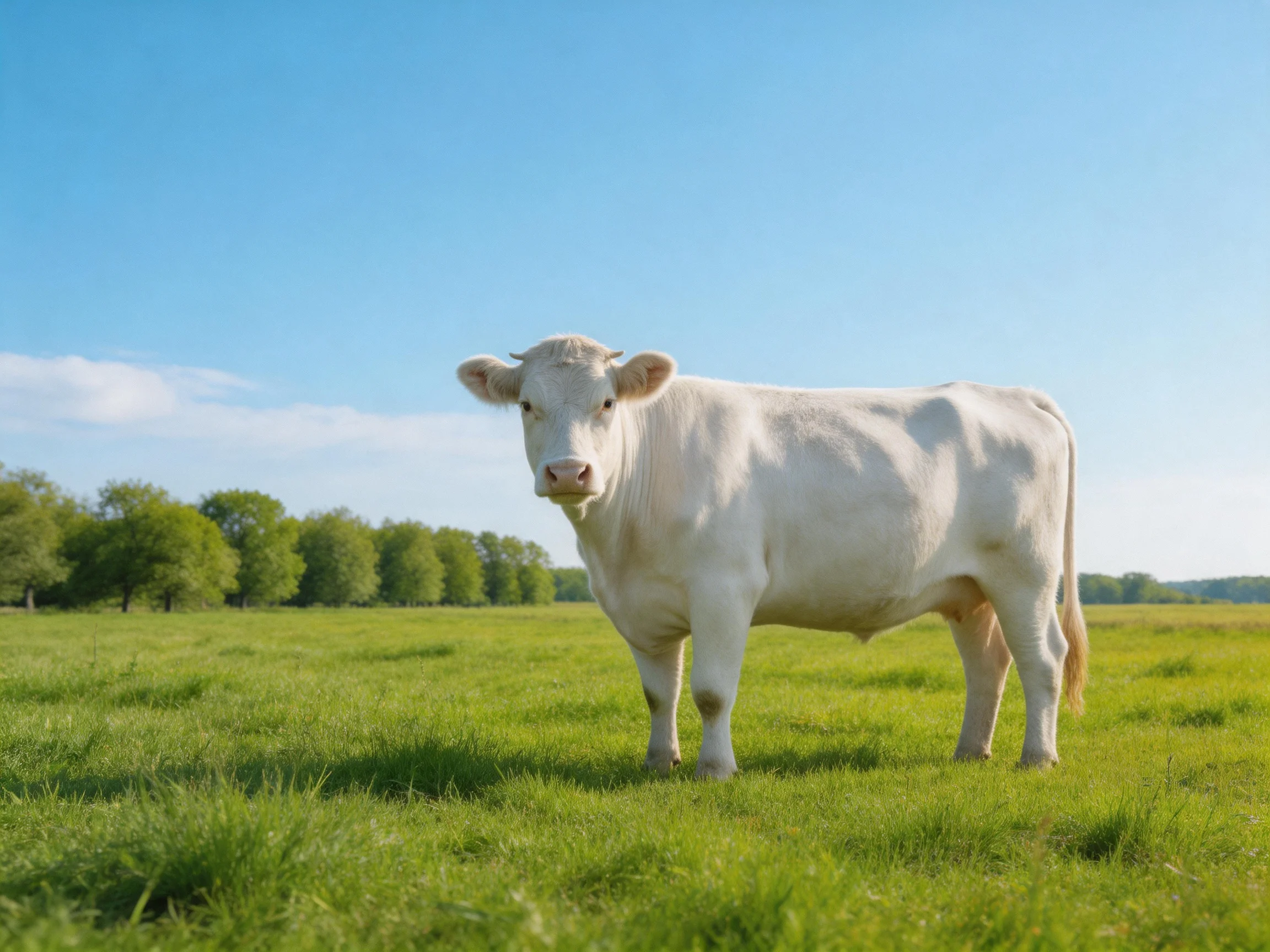 A white cow stands in a lush green field under a clear blue sky