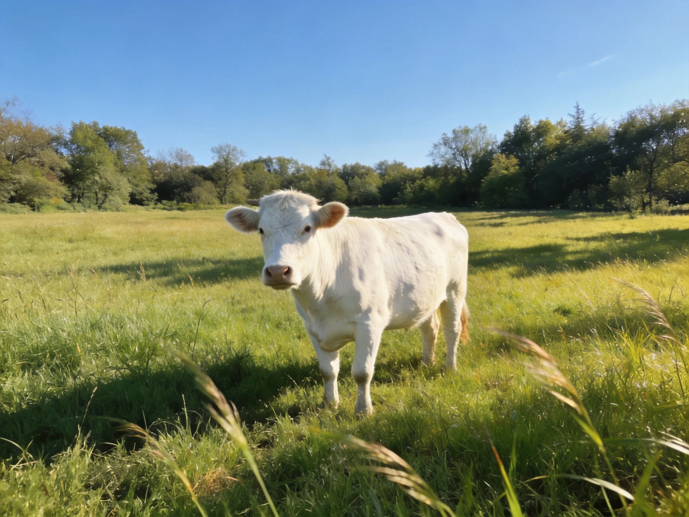 A white cow stands in a sunlit open field surrounded by trees