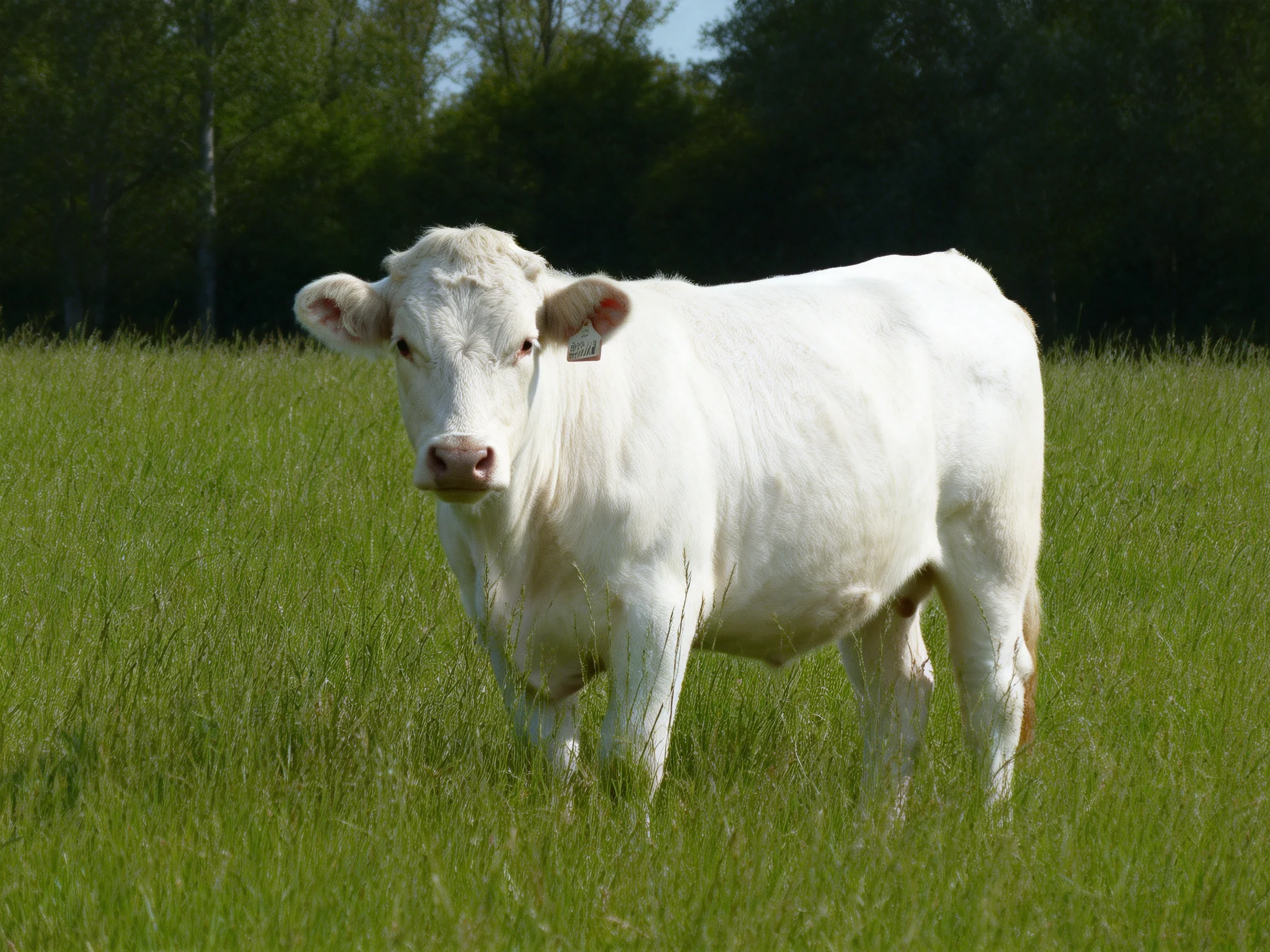 A white cow stands in a sunlit green meadow.