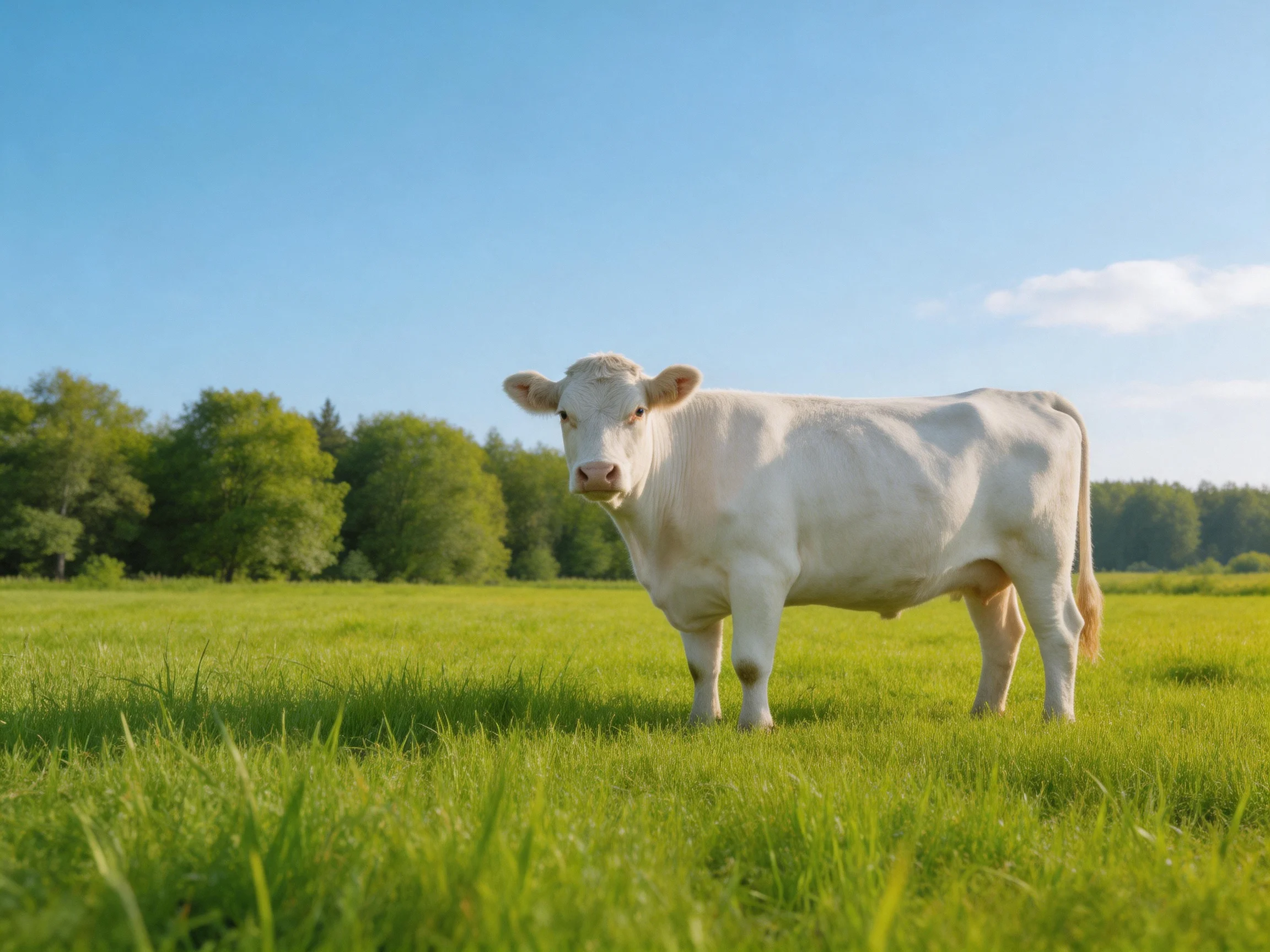 A white cow stands in a lush green meadow with a clear blue sky