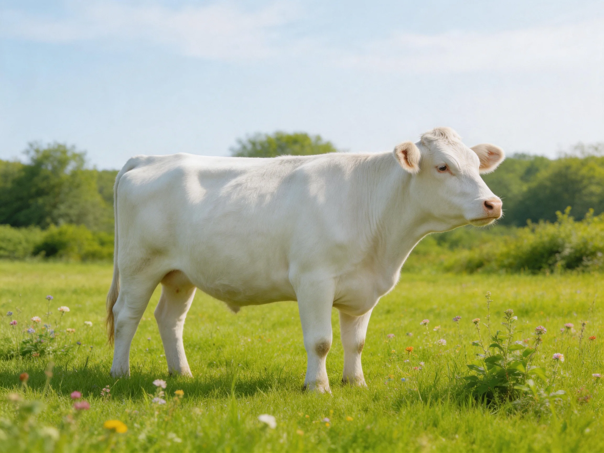 A white cow stands in a lush green meadow with colorful wildflowers