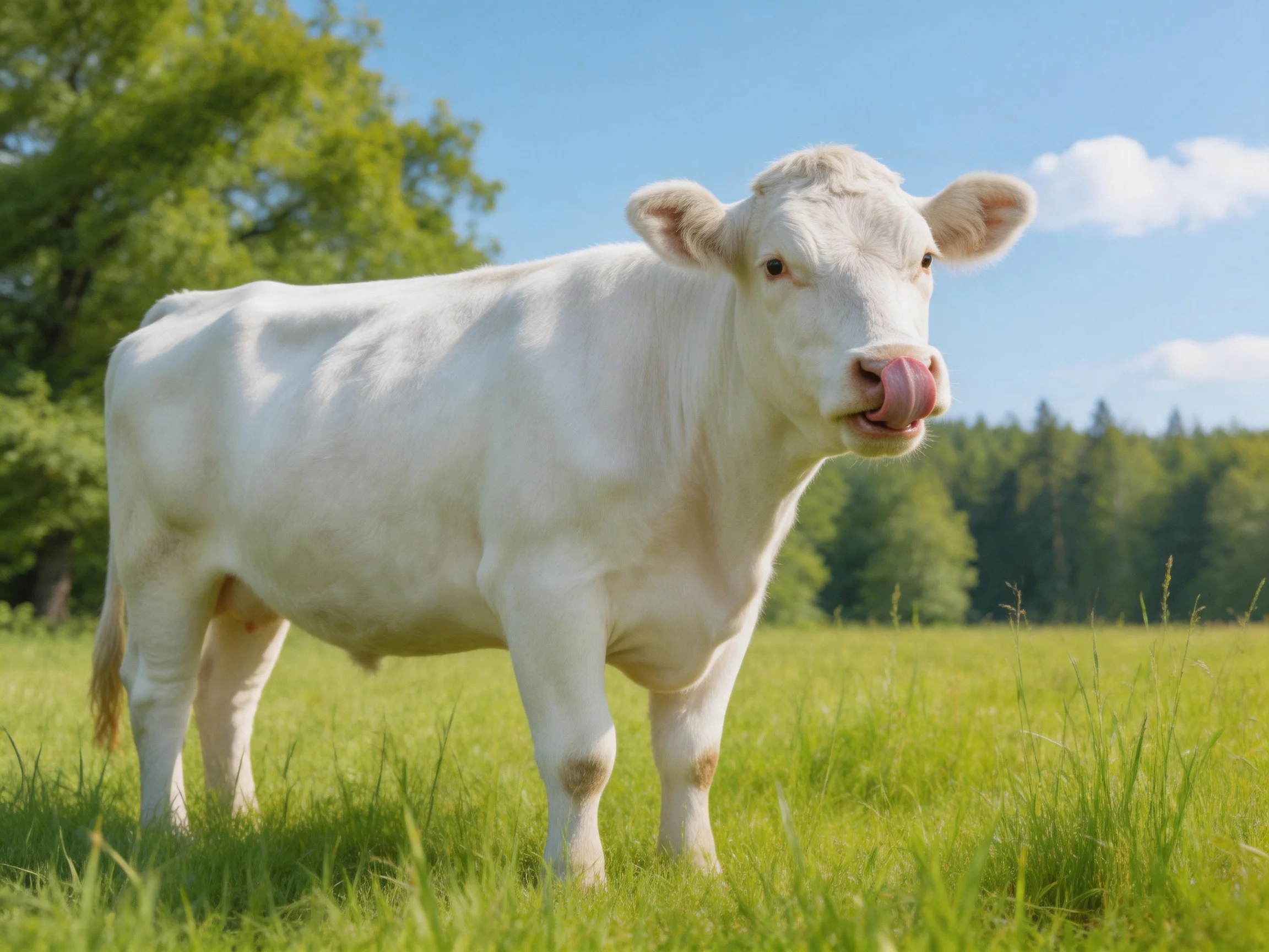 A white cow stands in a sunlit meadow near trees