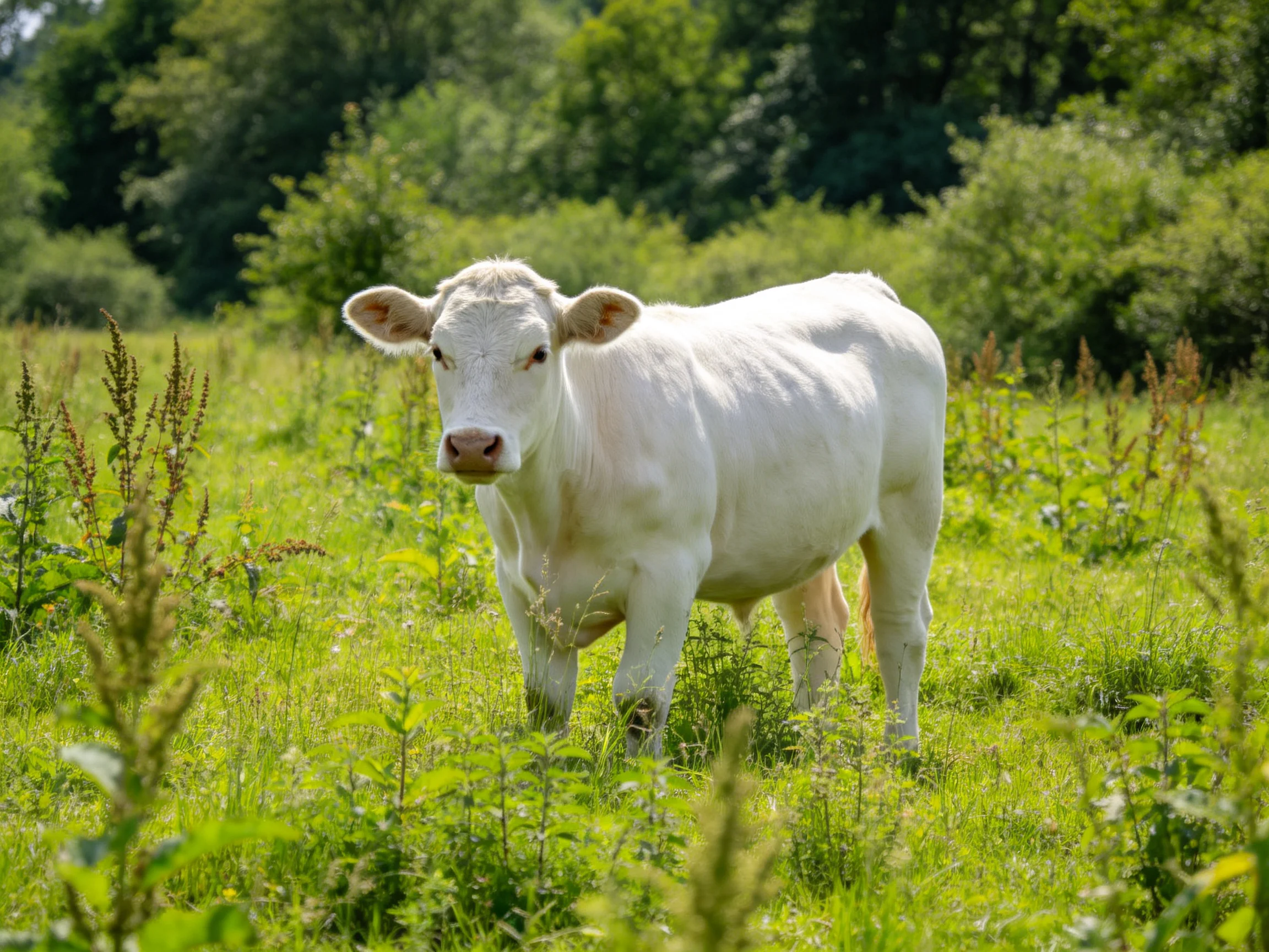 A white cow stands in a sunlit meadow with abundant greenery.