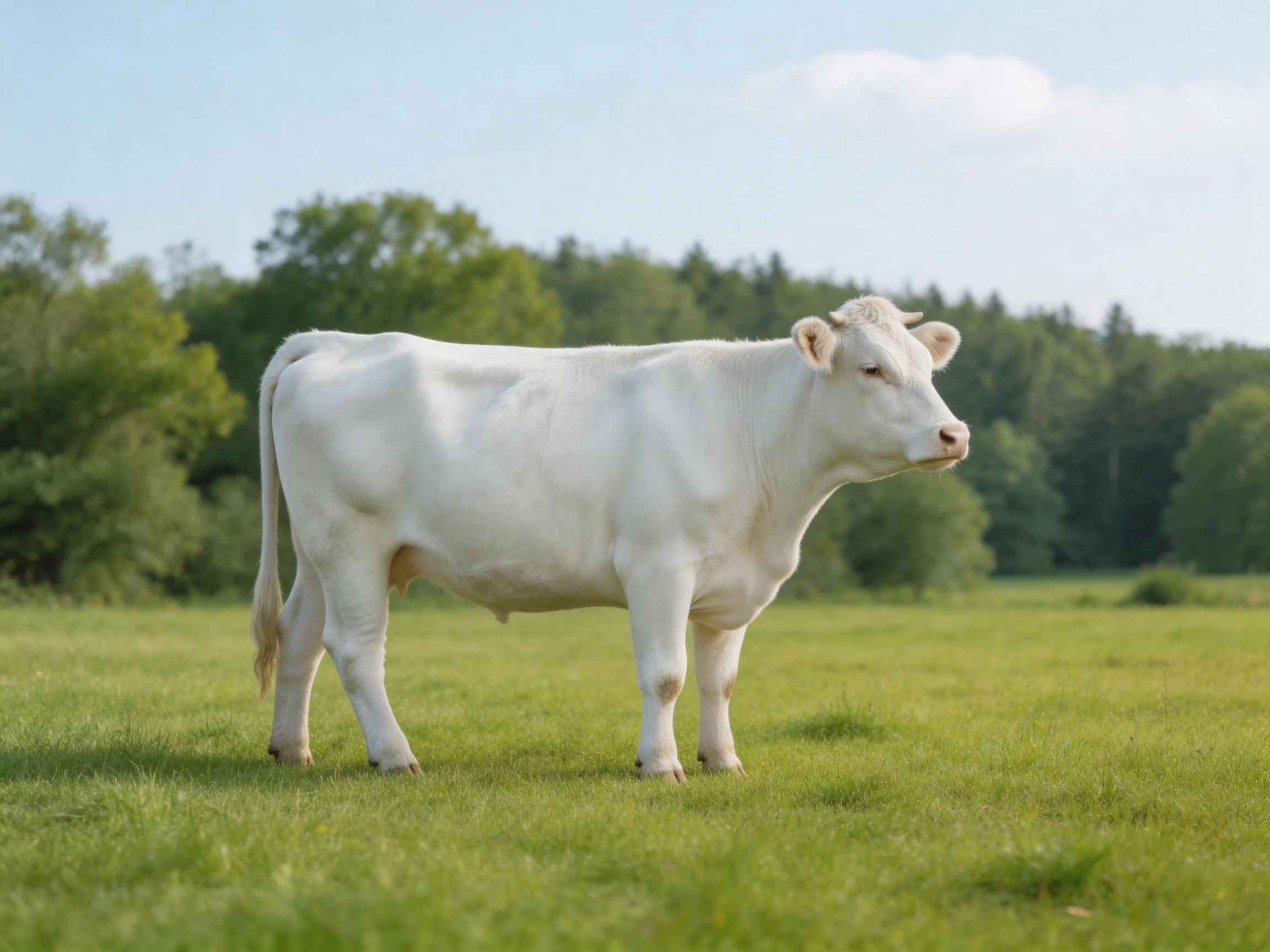 A white cow stands in a lush green meadow with forested backdrop