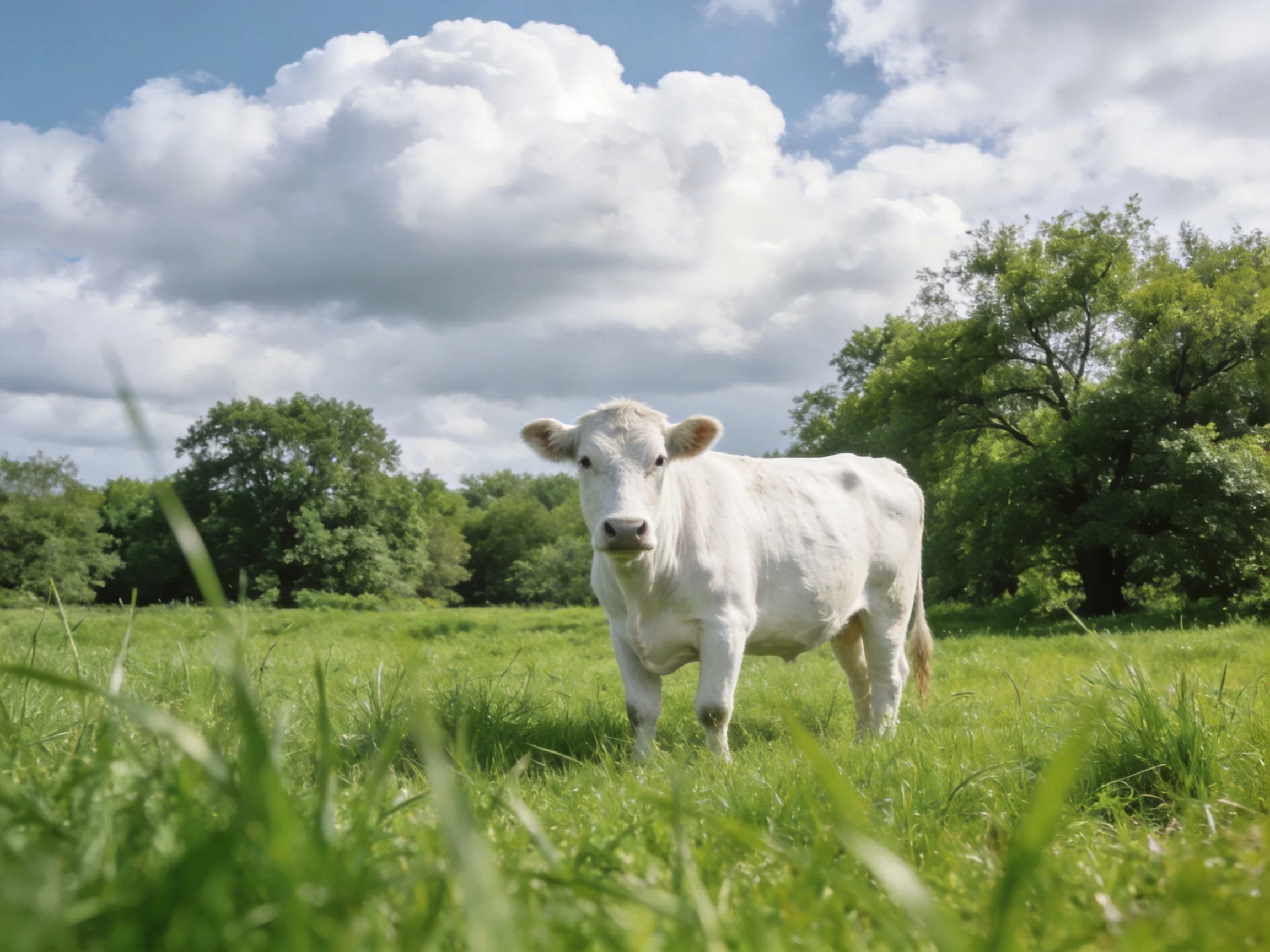 A white cow stands in a sunlit meadow with trees