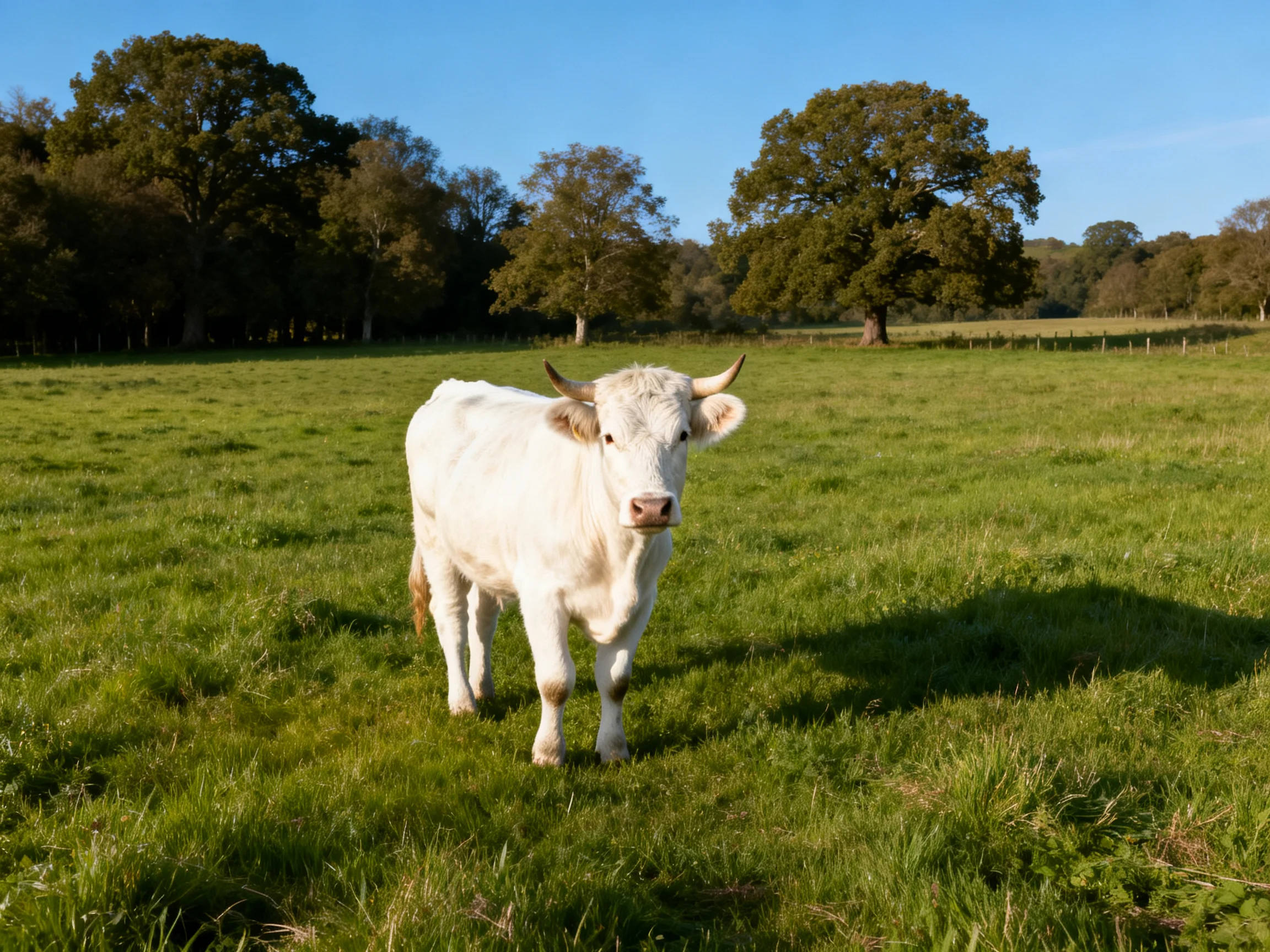 A white cow stands in a lush green pasture near large trees
