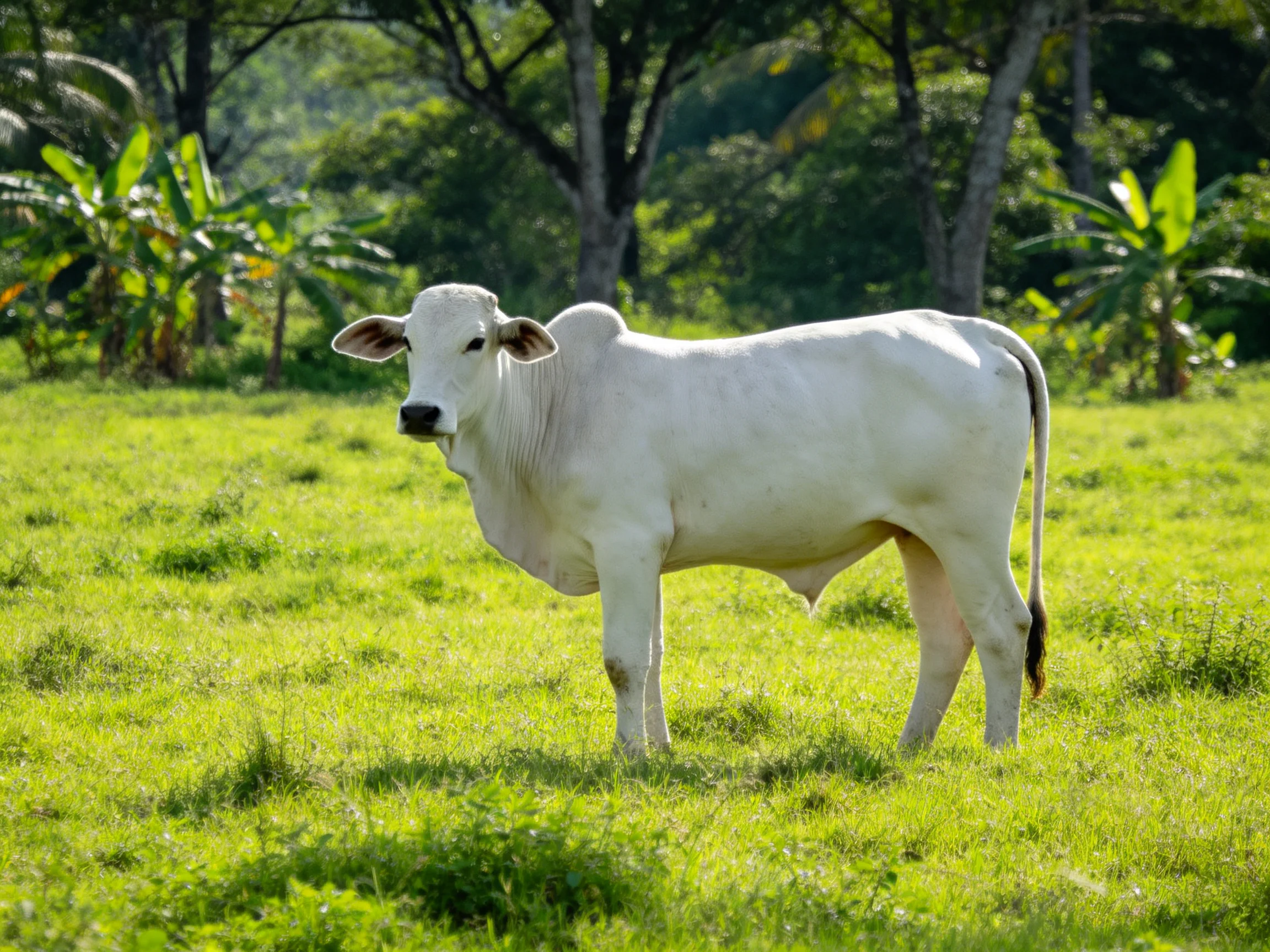 A white cow stands in a sunlit green pasture with trees in the background