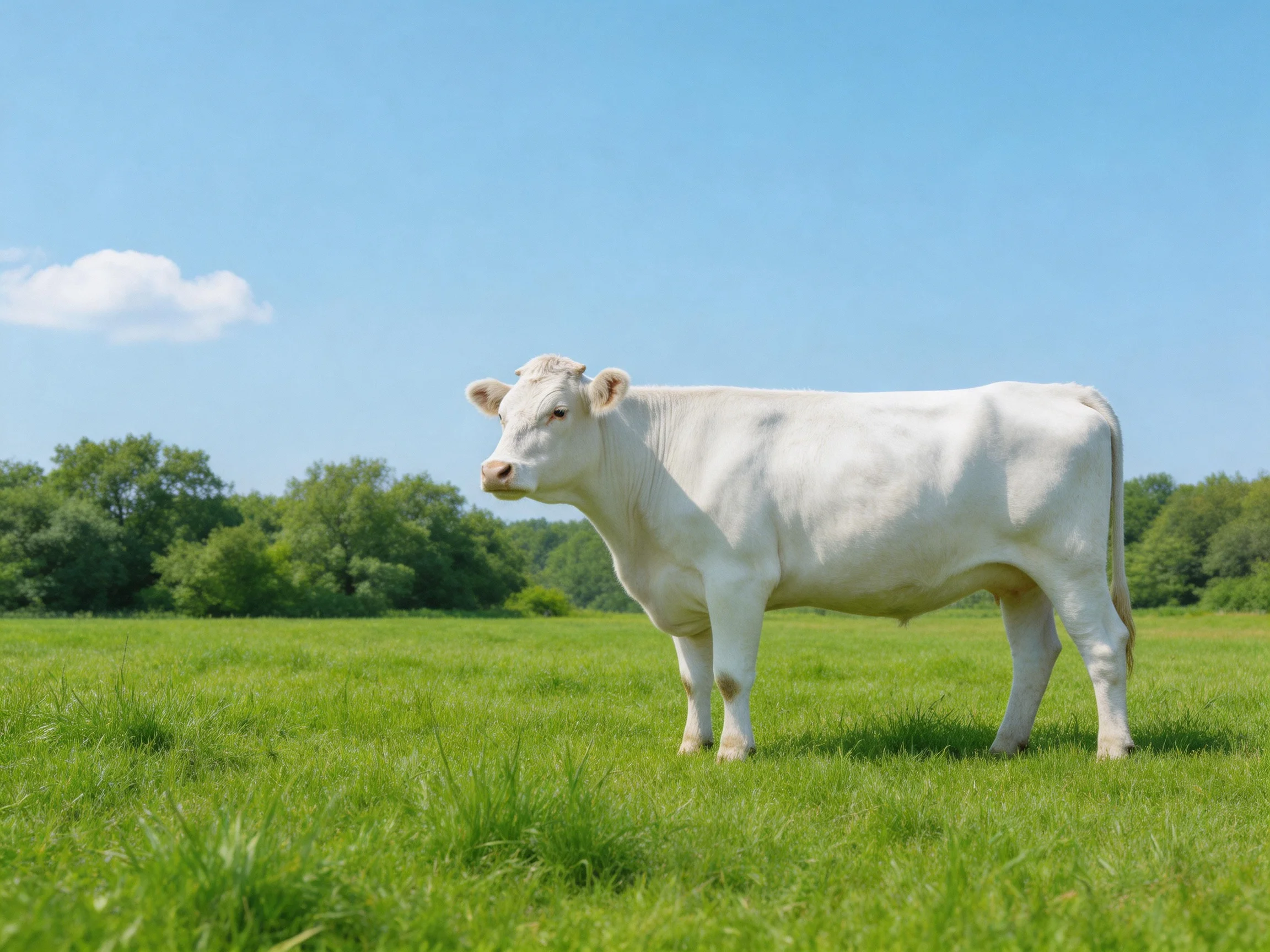 A white cow stands in a lush green pasture under a clear blue sky