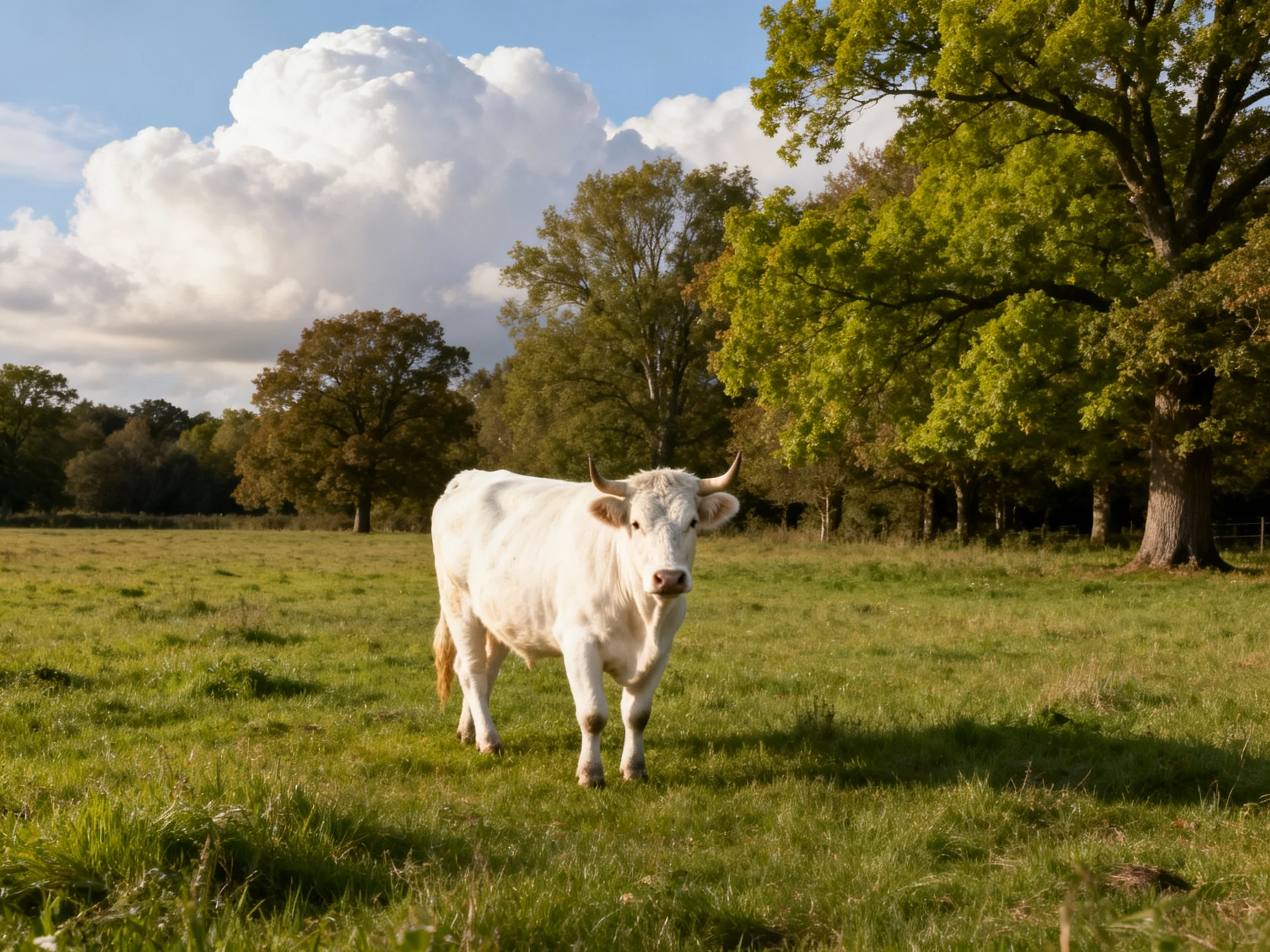 A white cow stands in a sun-drenched meadow with tall trees