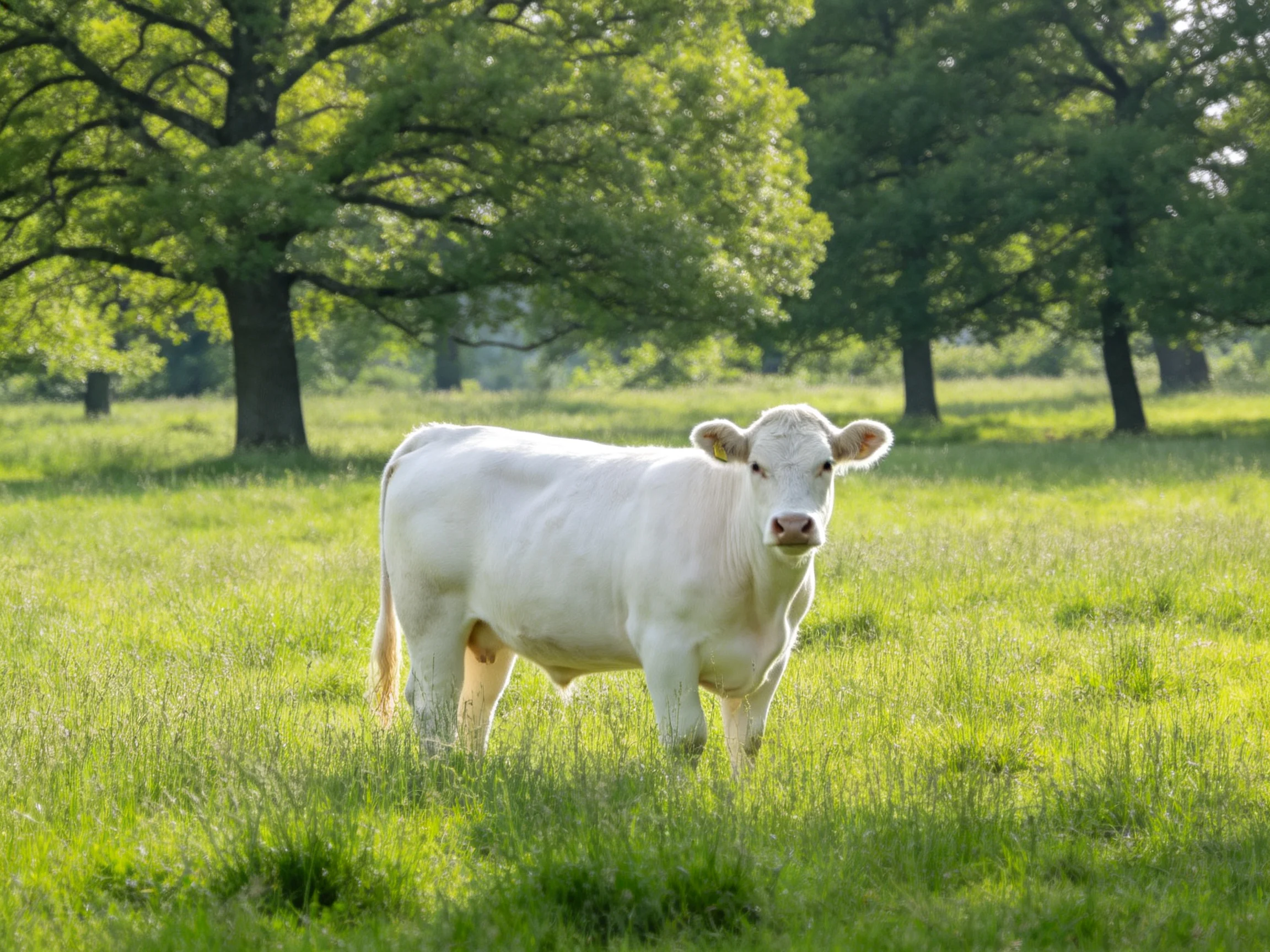 A white cow stands in a sunlit green meadow with large trees in the distance.