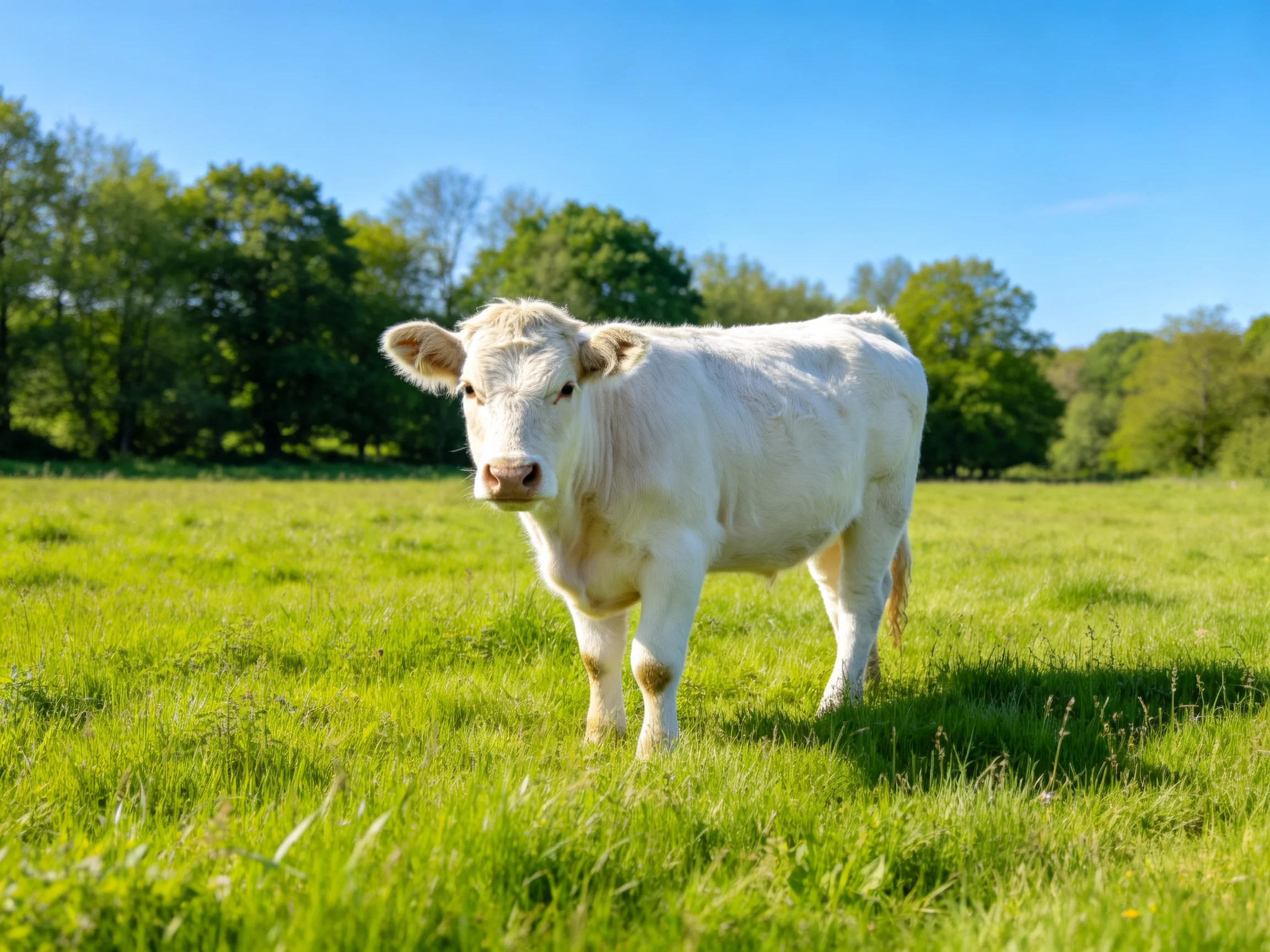 A white cow stands in a sunlit green pasture with trees in the distance.