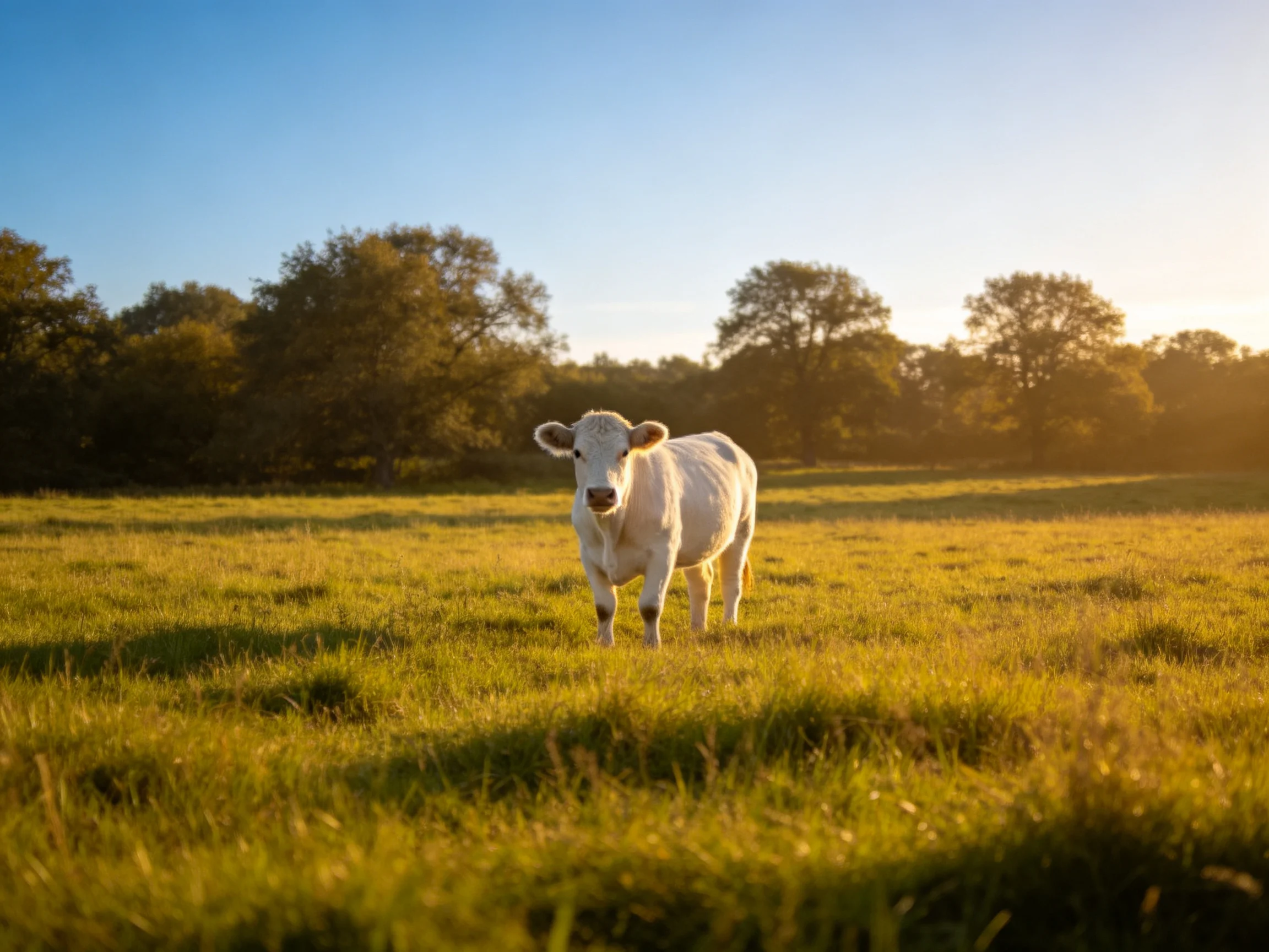 A white cow stands in a sunlit green pasture near trees
