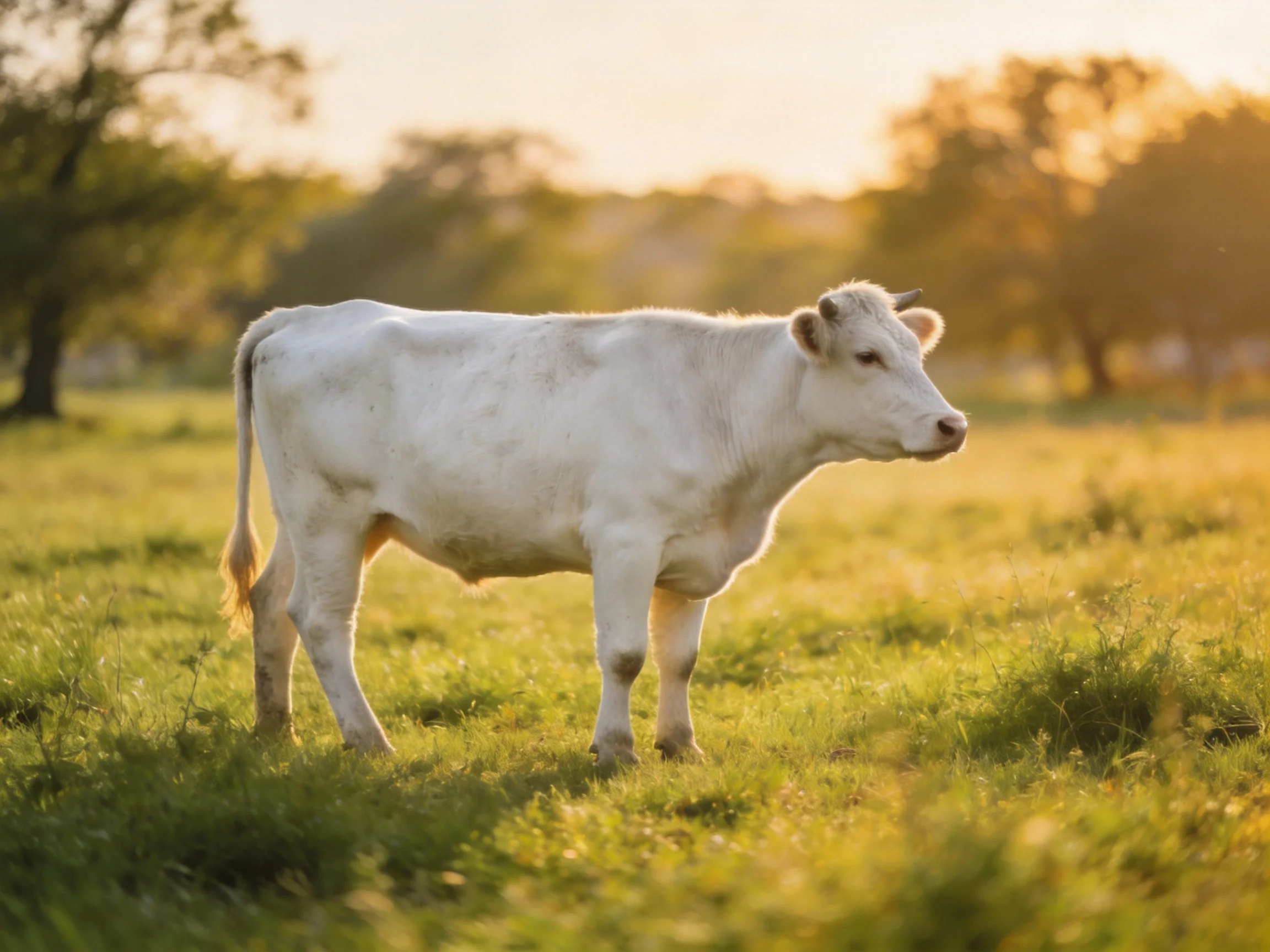 A white cow stands in a sunlit green pasture near trees