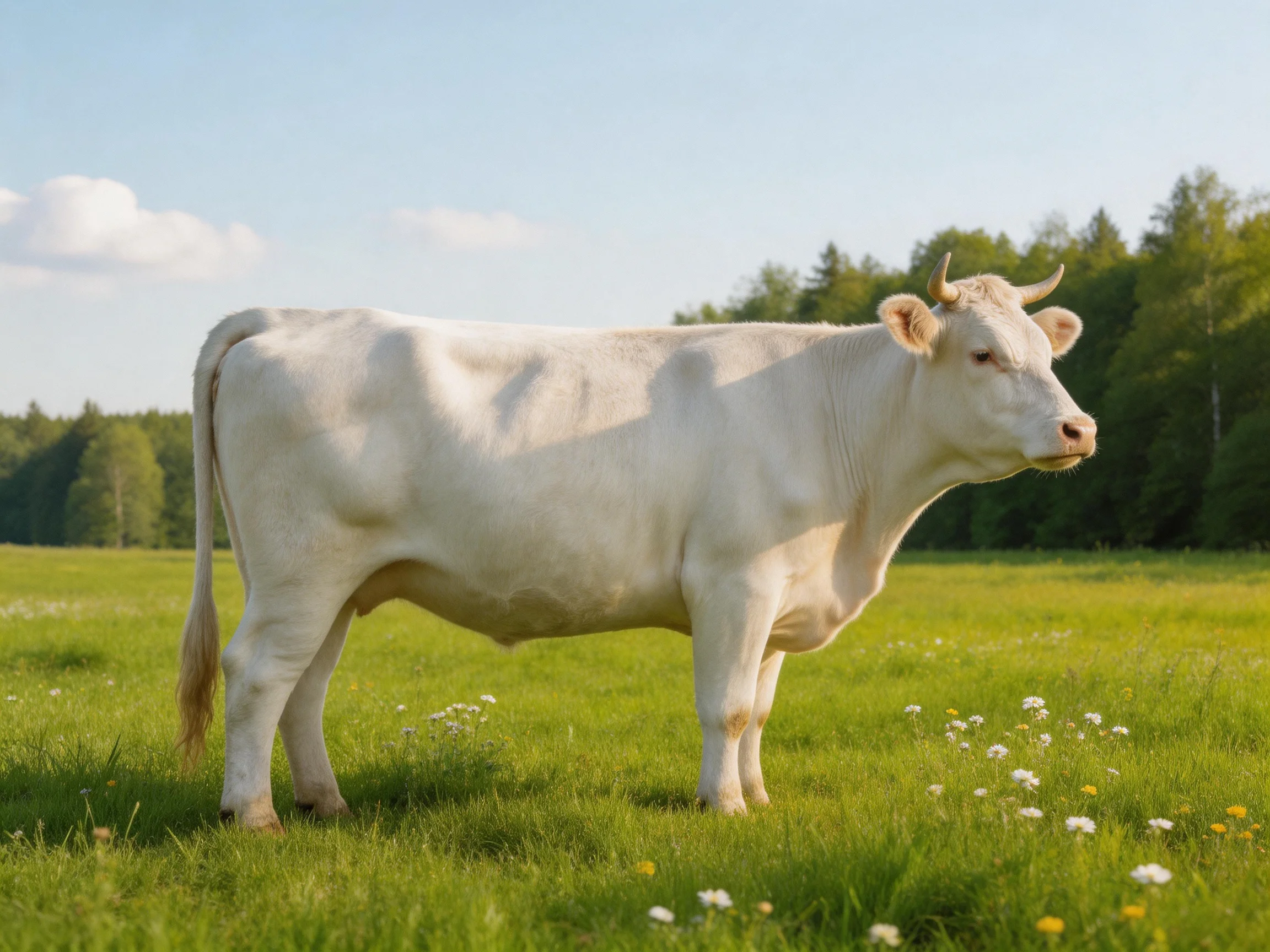 A white cow stands in a sunlit meadow with forest trees