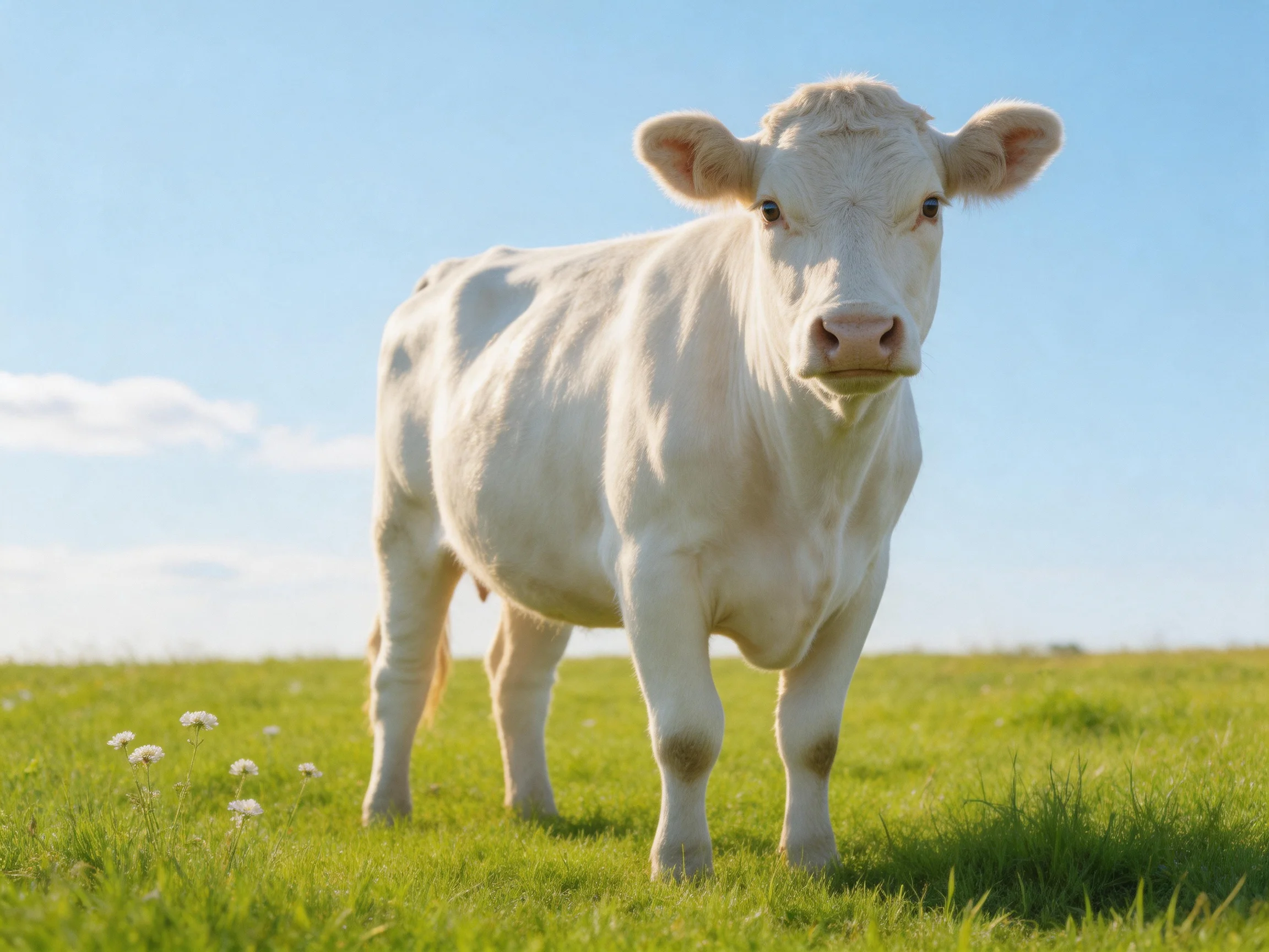 A white cow stands in a sunny green pasture