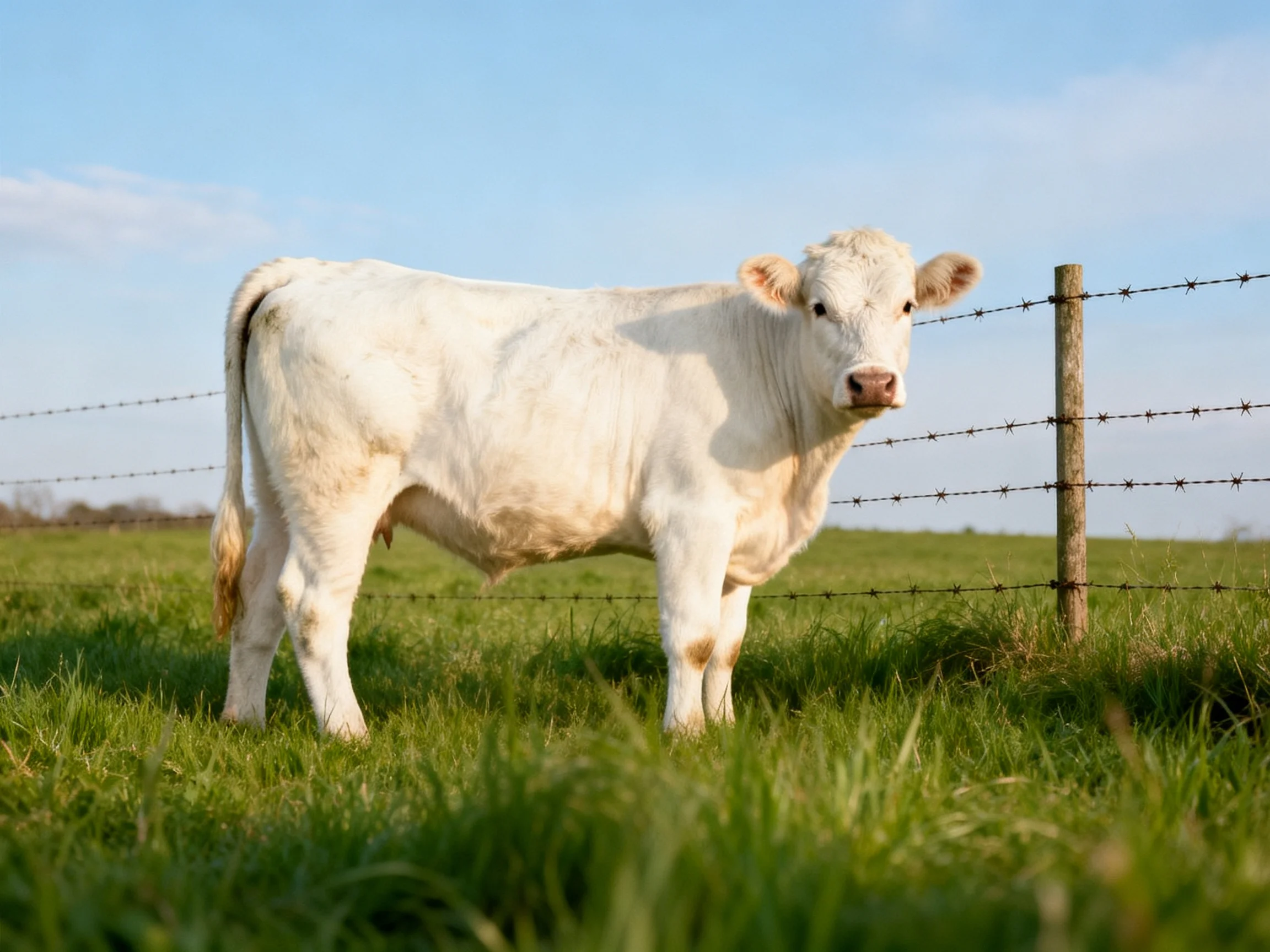 A white cow stands near a barbed wire fence in a lush green pasture
