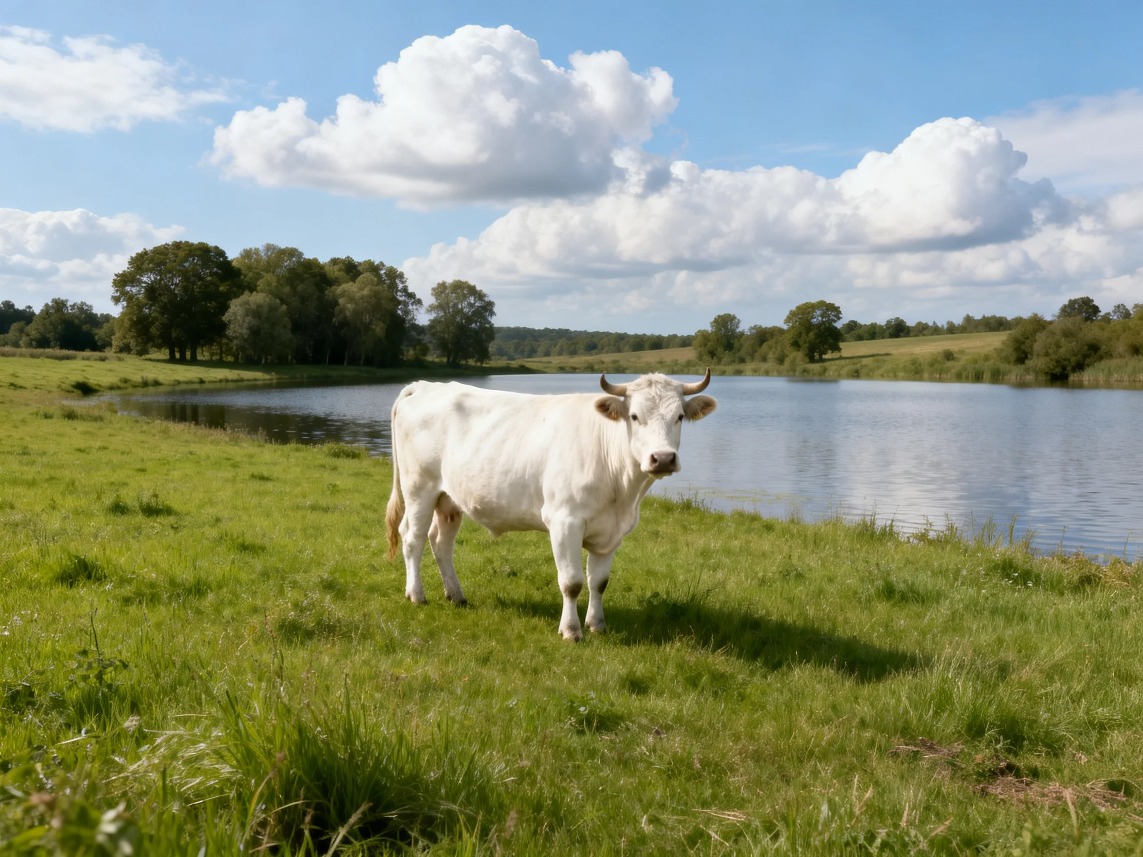 A white cow stands near a calm river with lush green grass