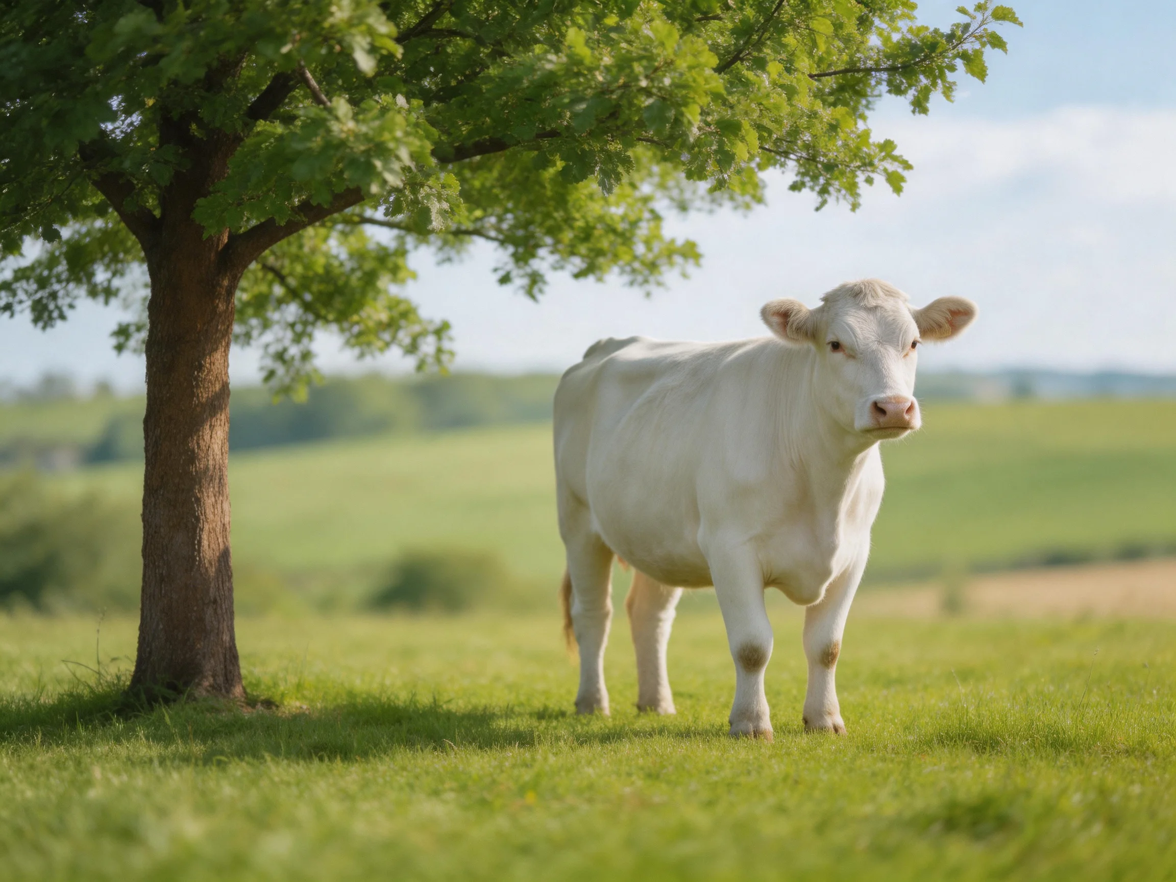 A white cow stands near a large green tree in a sunlit meadow