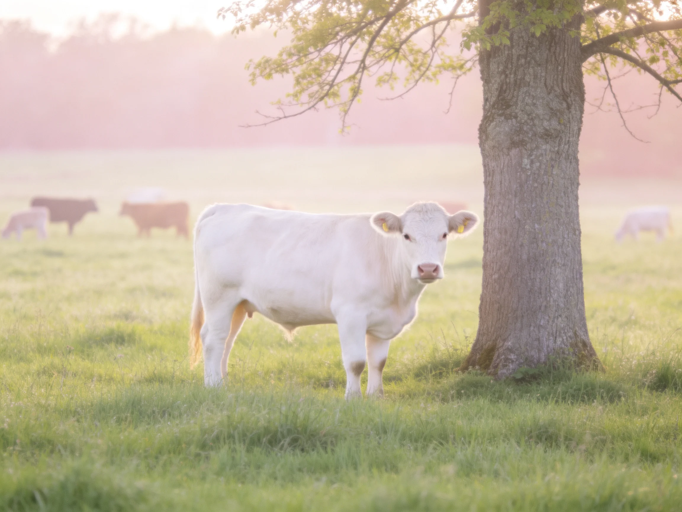 A white cow stands near a tree in a misty pasture with other cows in the distance.