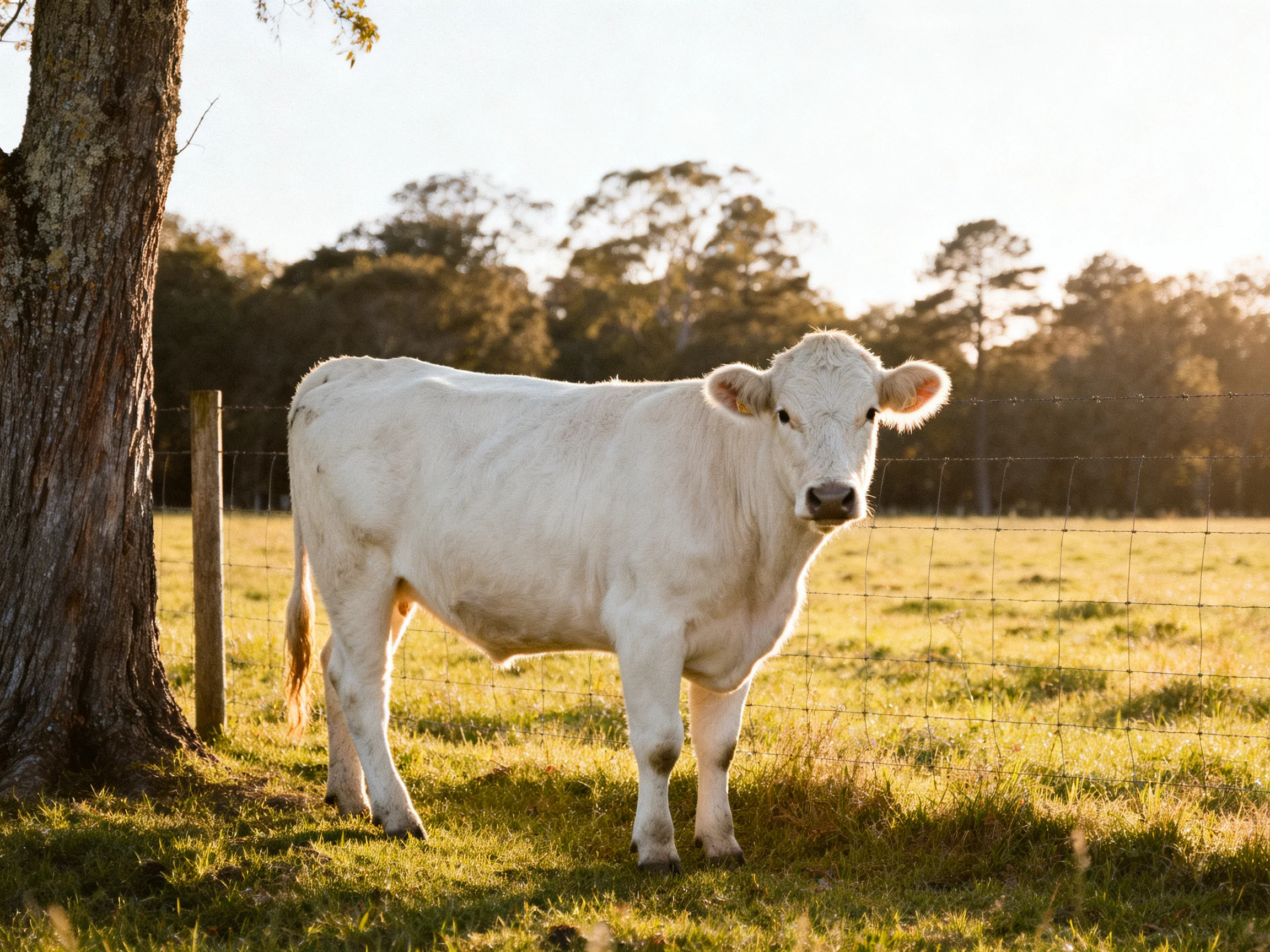 A white cow stands near a large tree in a sunlit fenced pasture.